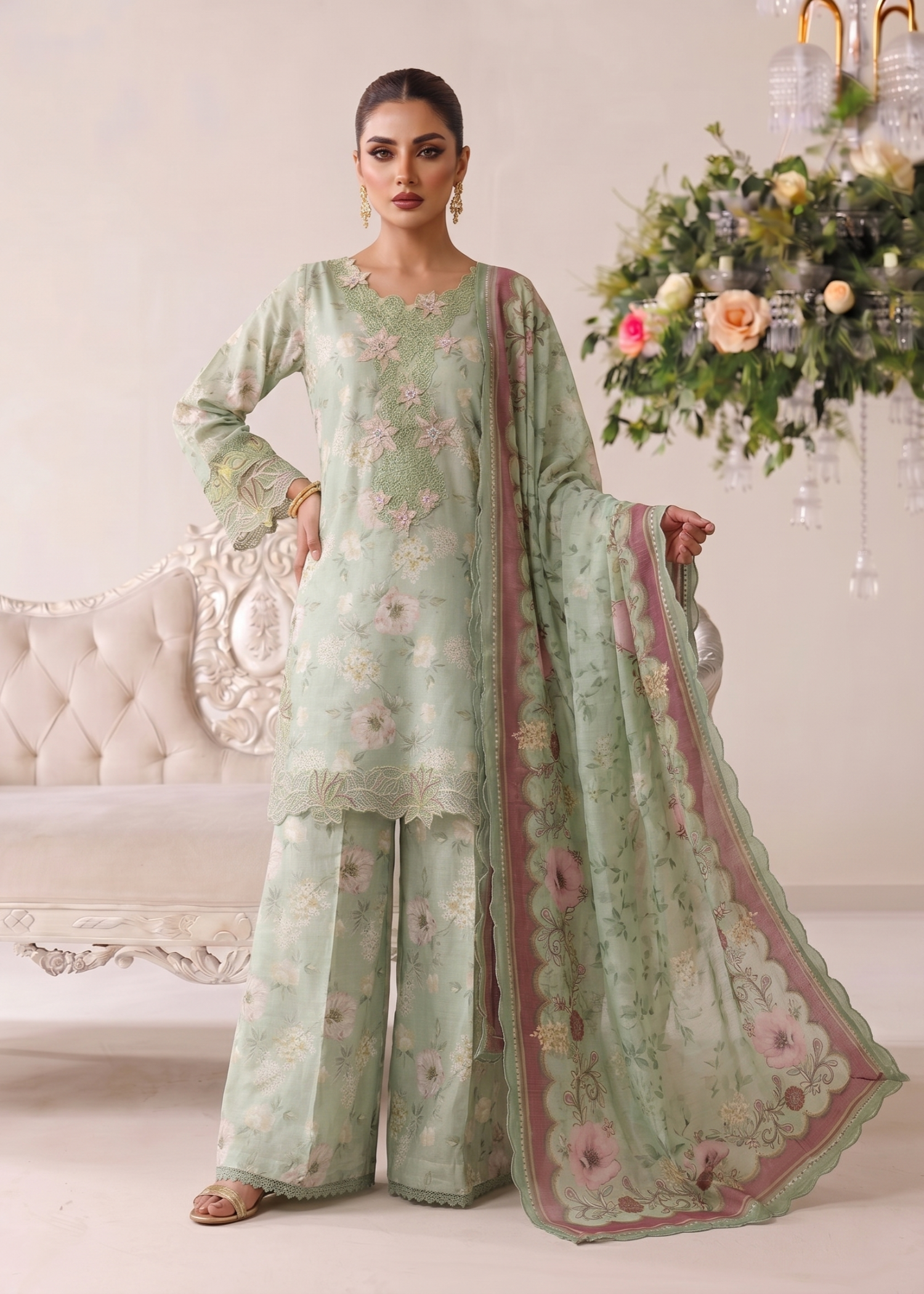 lawn Sharara in Mint green