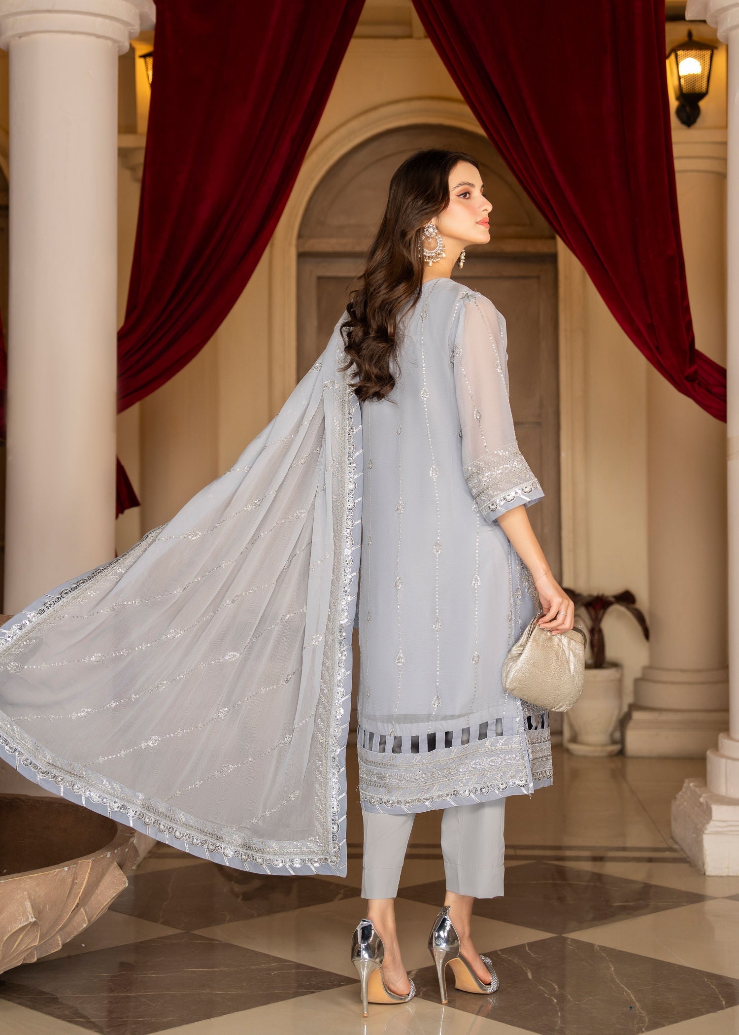 polyester crepe Kurta Set in Grey