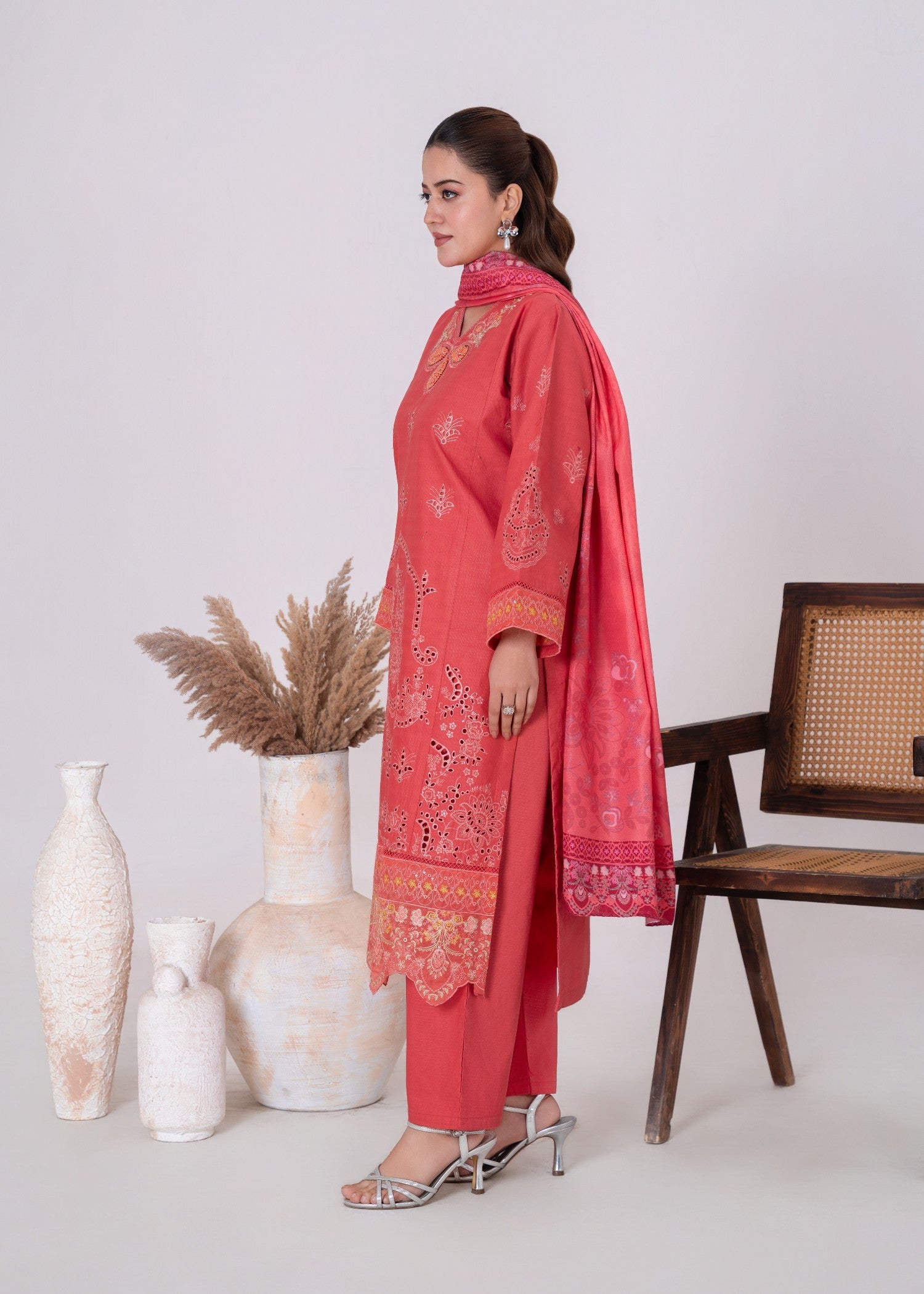 khaddar Kurta Set in Coral pink