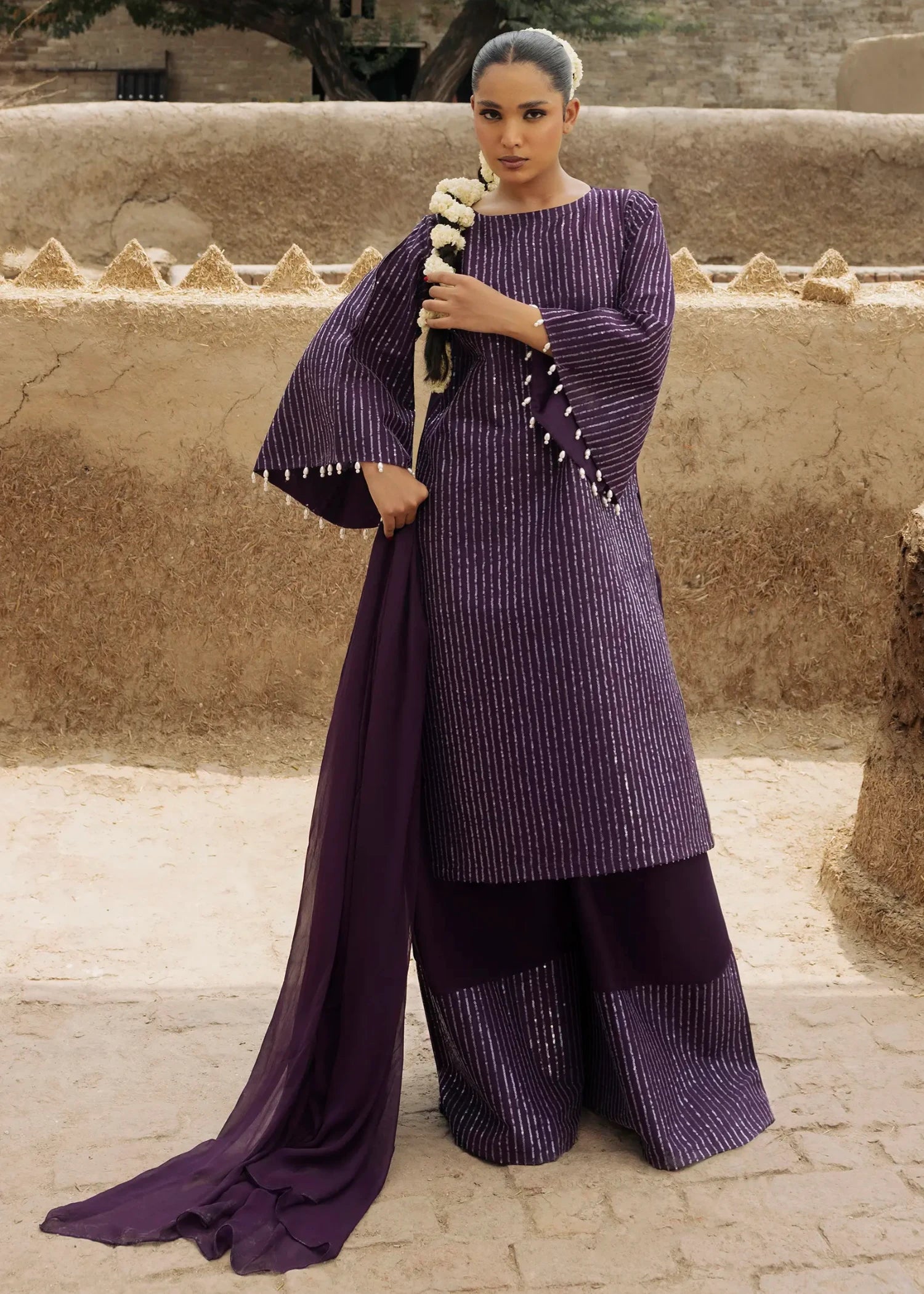 lawn cotton Kurta Set in Purple heart