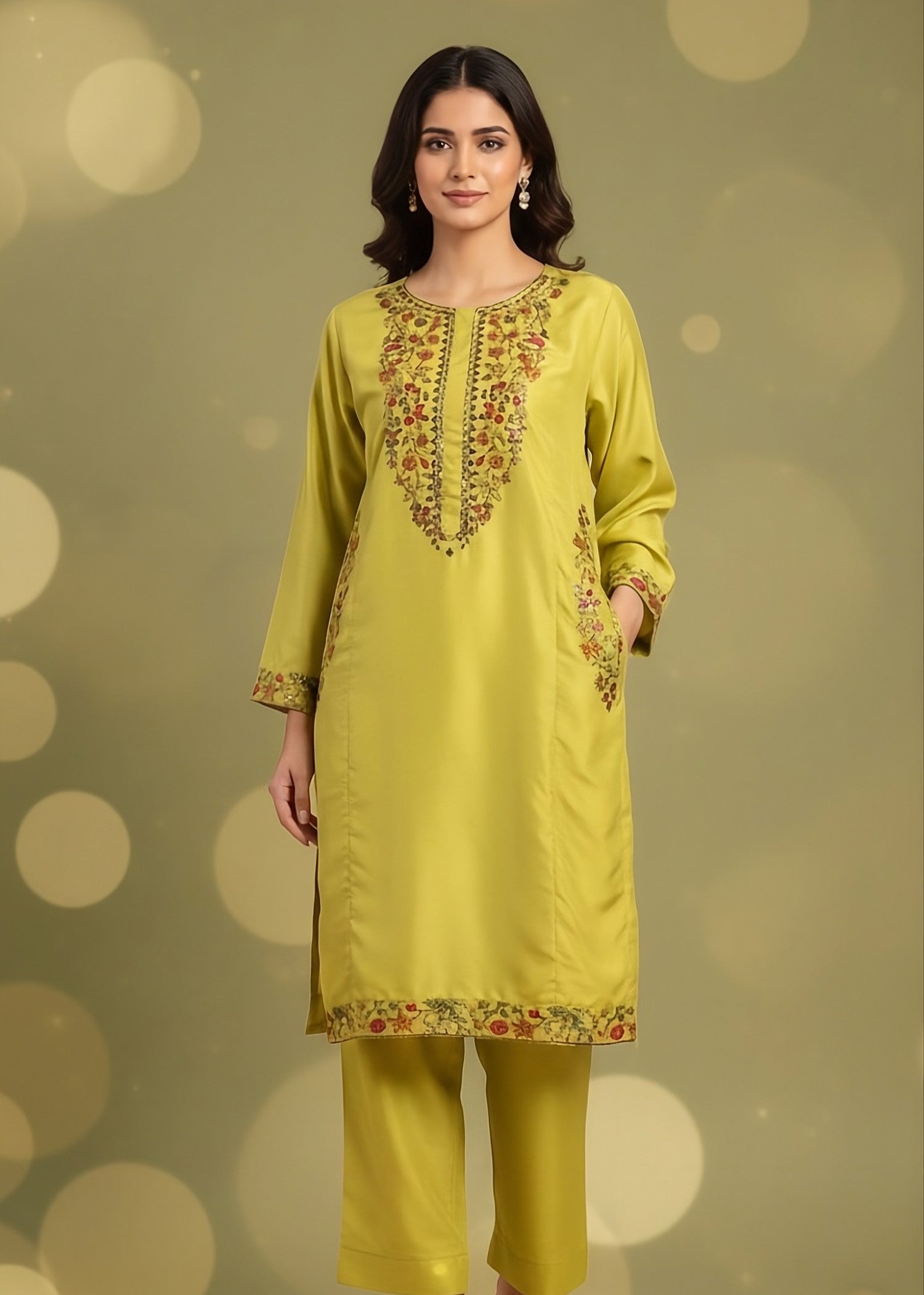 linen Kurta Set in Acid yellow