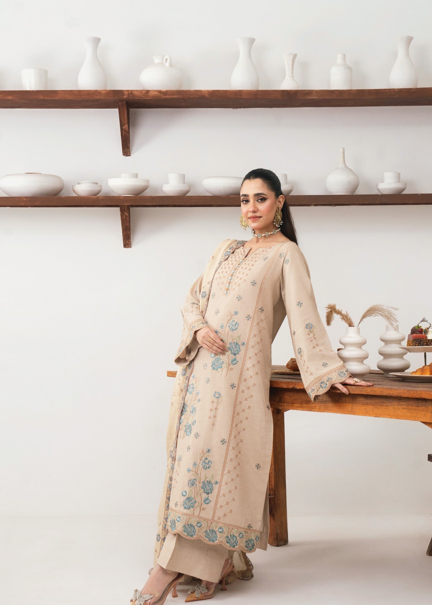 raw silk Kurta Set in Baby blue, khaki brown