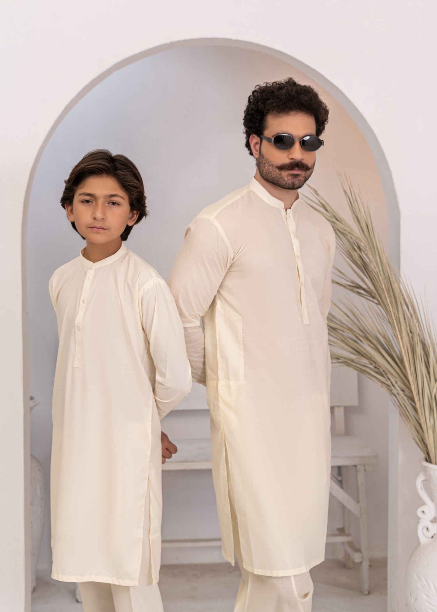 cotton Shalwar Kameez in Cream by Hassan Jee Men
