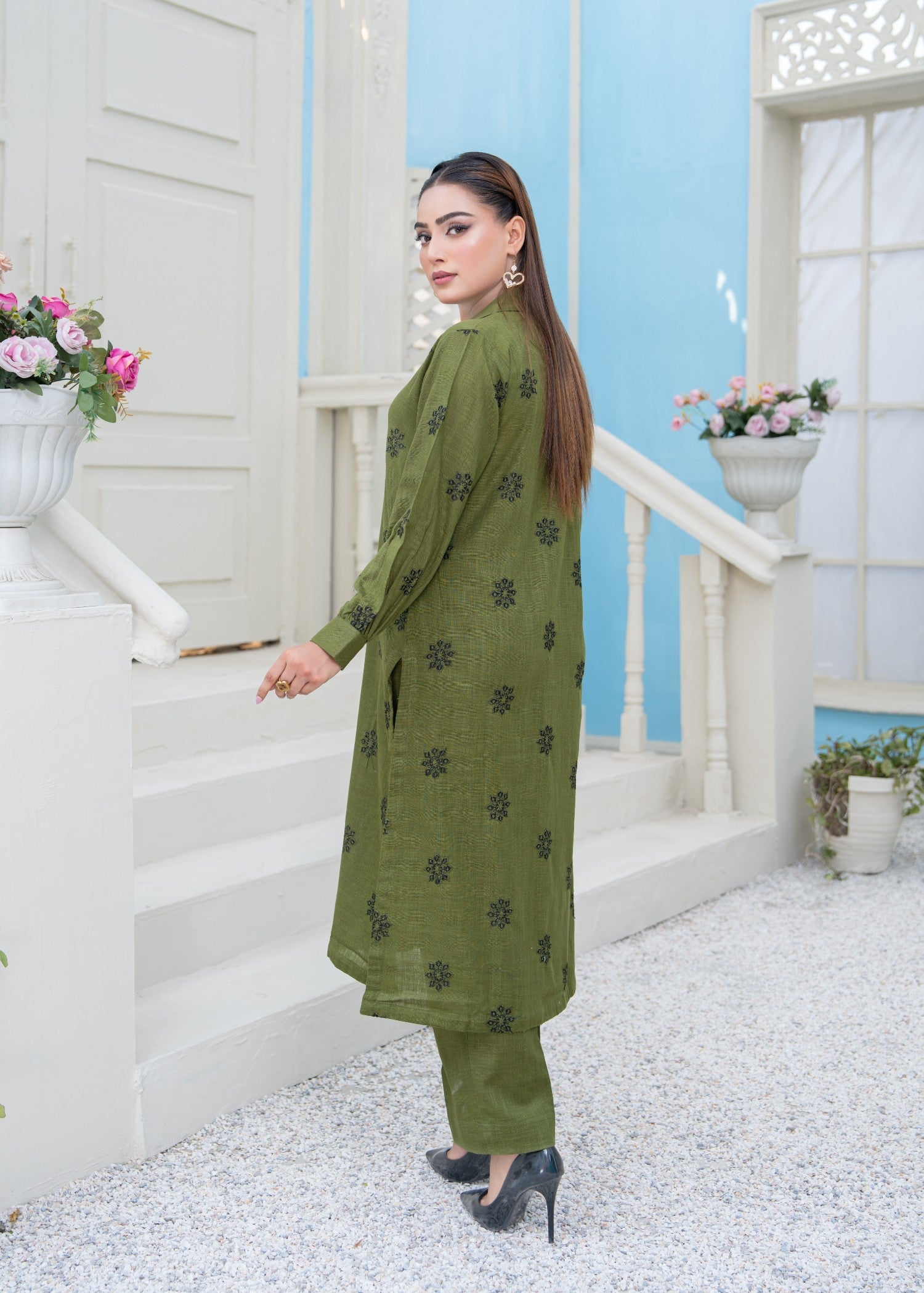 khaddar Kurta Set in Forest green