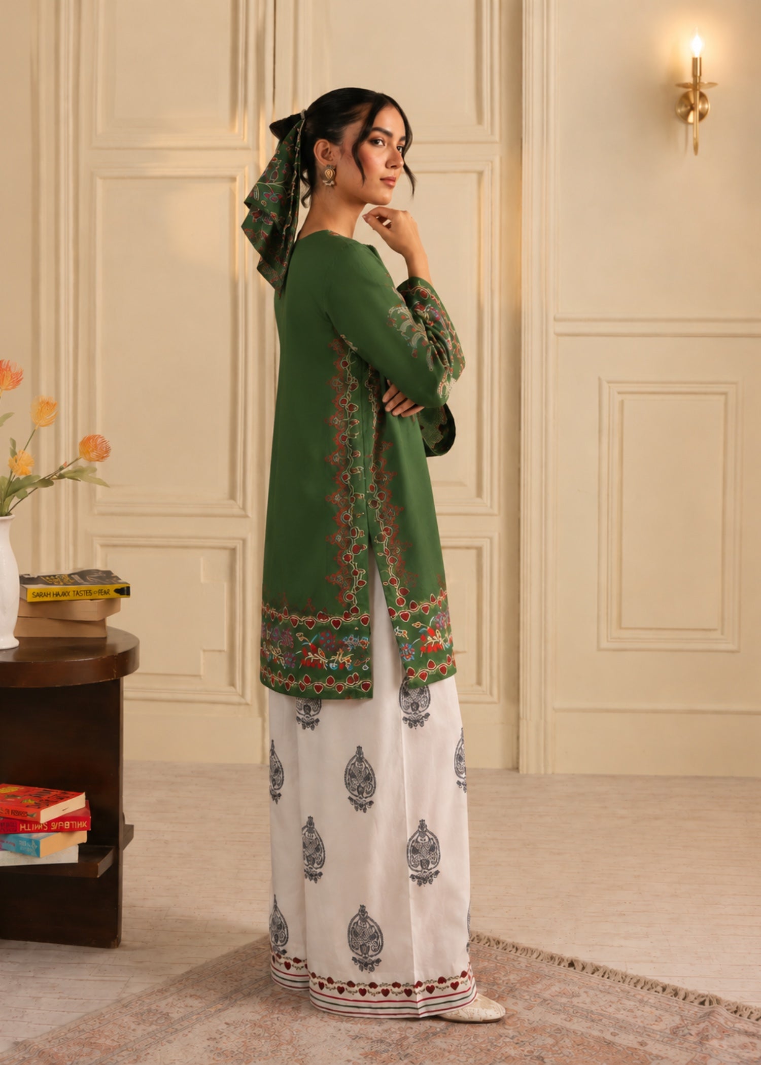 poly lawn Kurta Set in Olive green