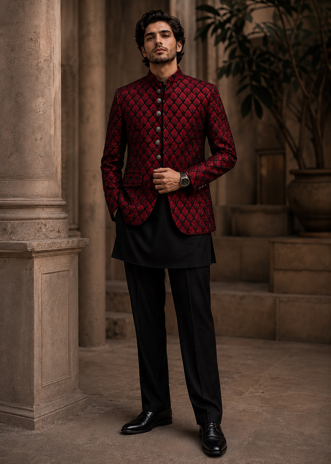 silk Prince Coat in Blood red, black