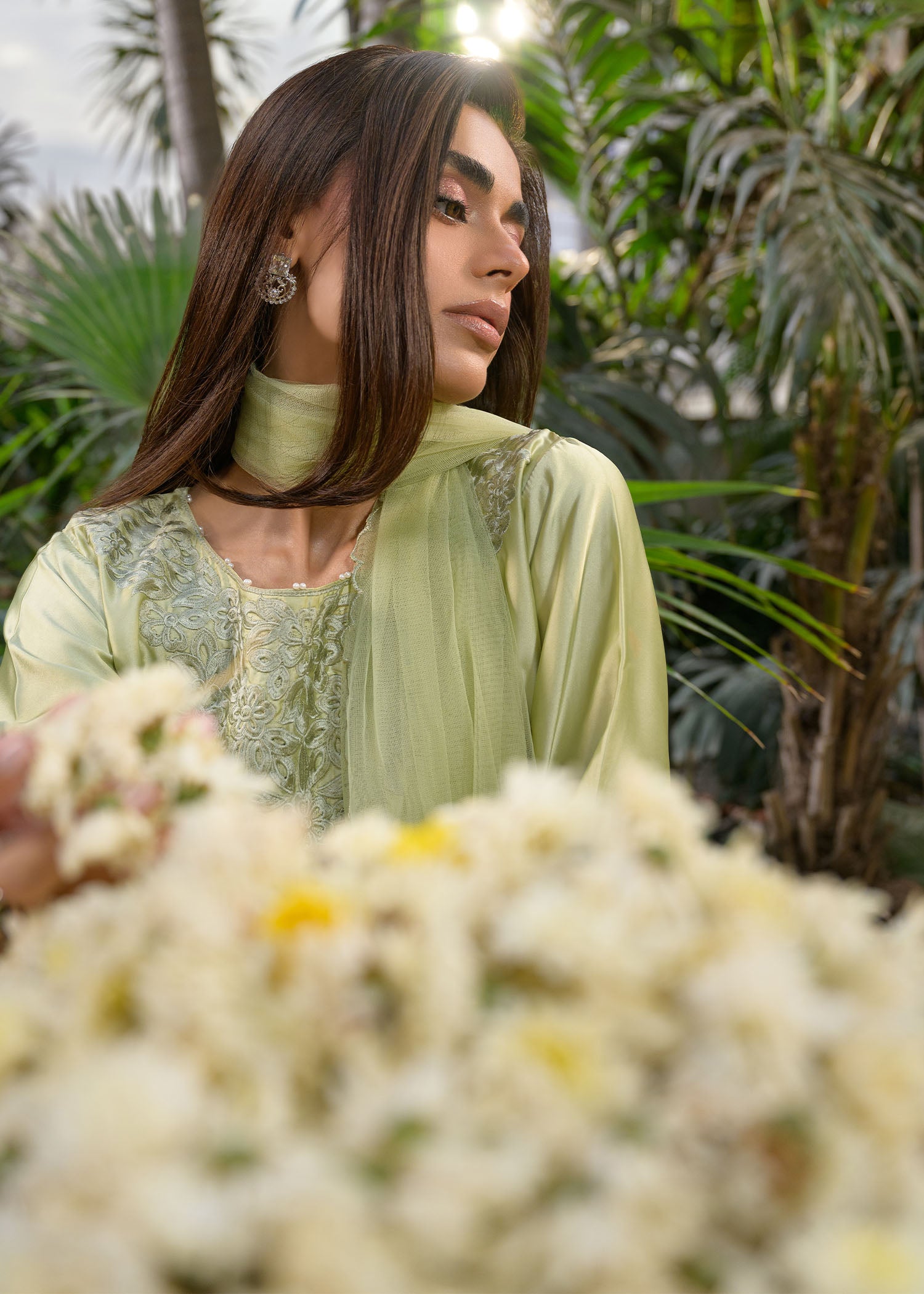 silk charmeuse Kurta Set in Sage green