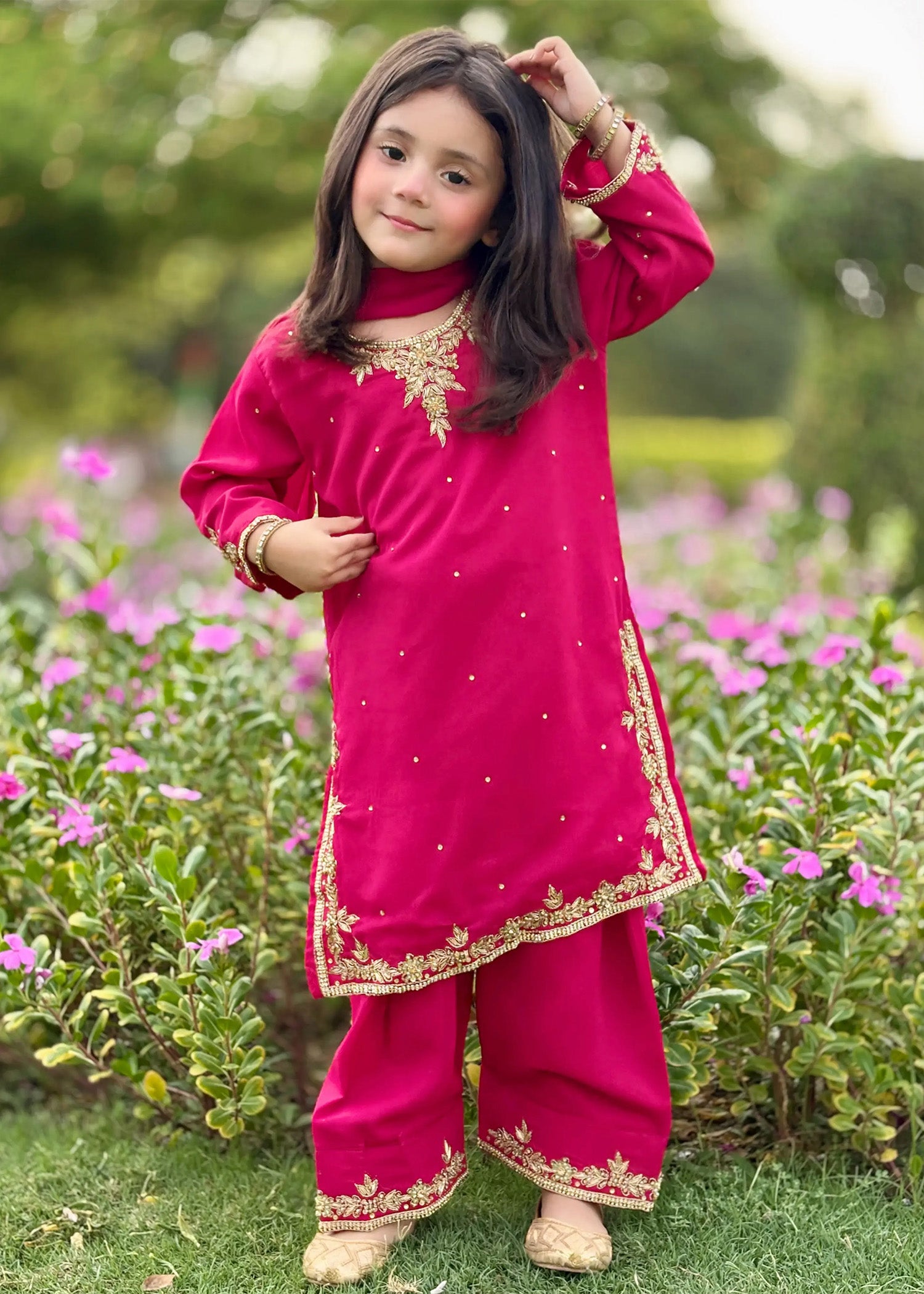 chiffon Kurta Set in Hot pink red