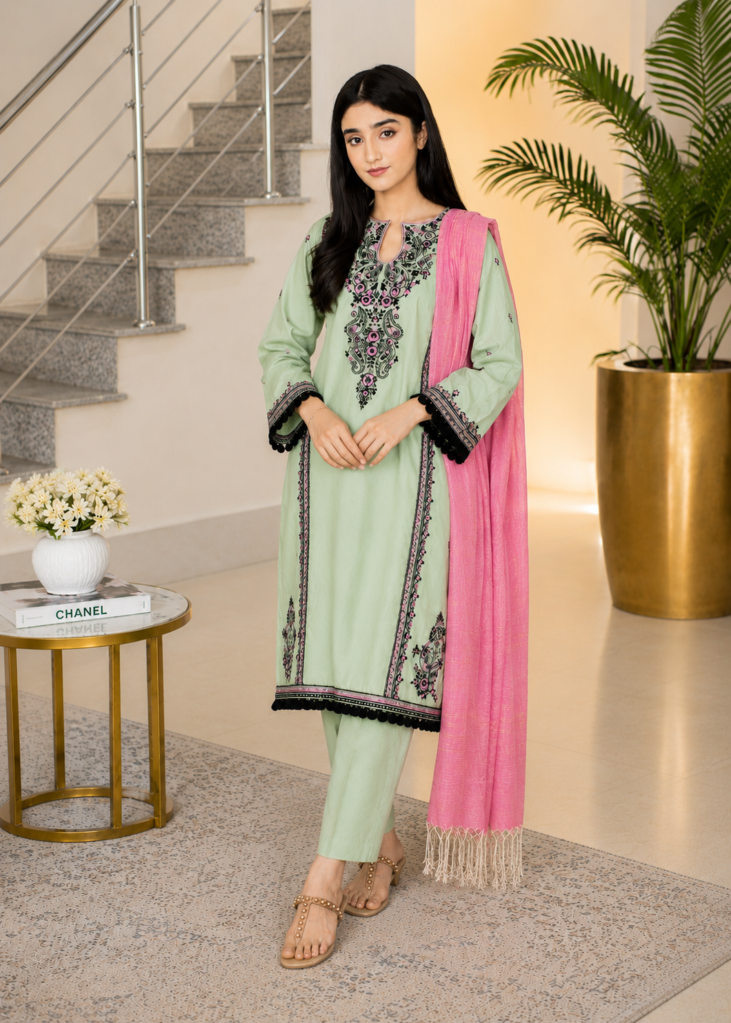 lawn cotton Unstitched in Moss green