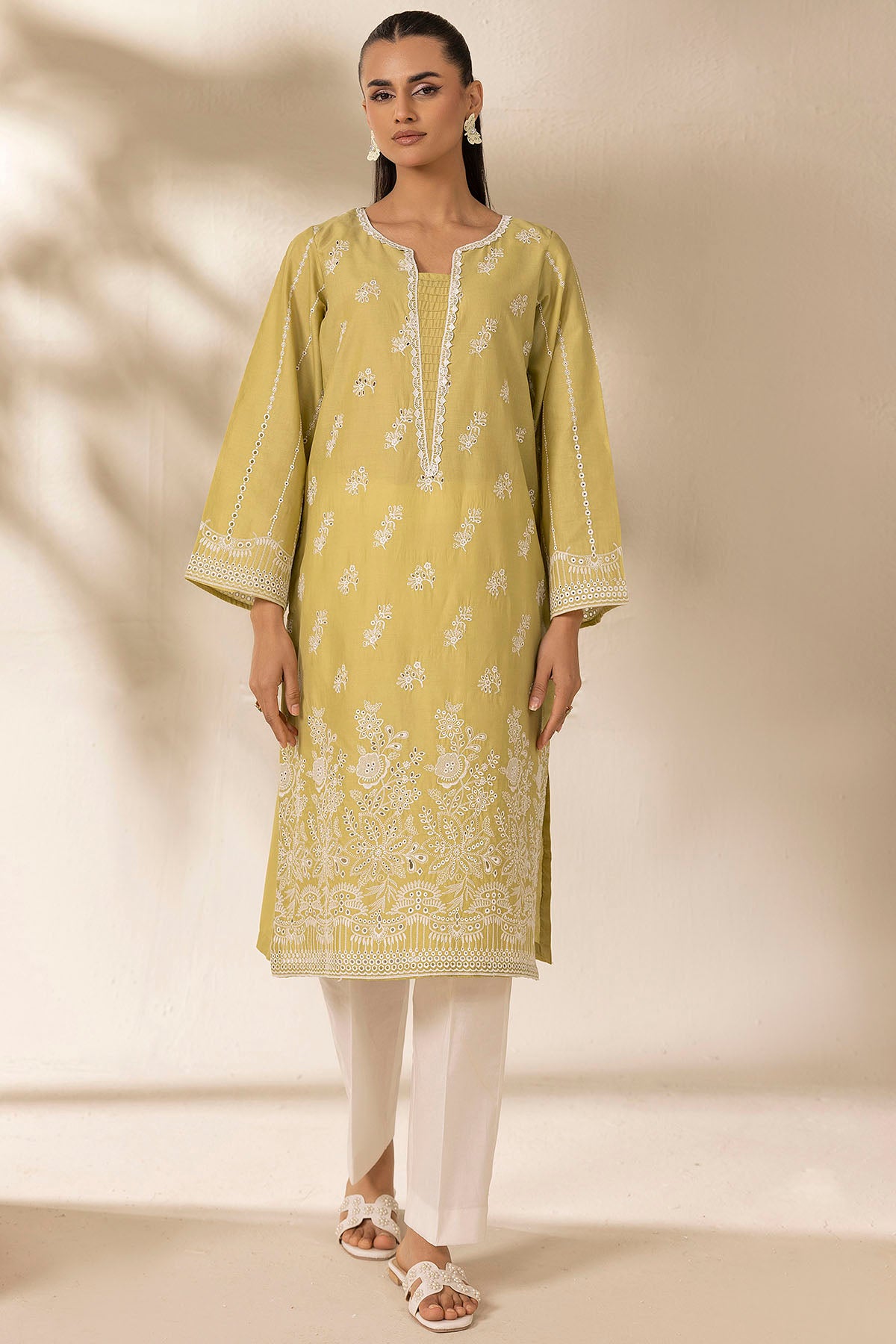 schiffli Kurta Set in Neon green
