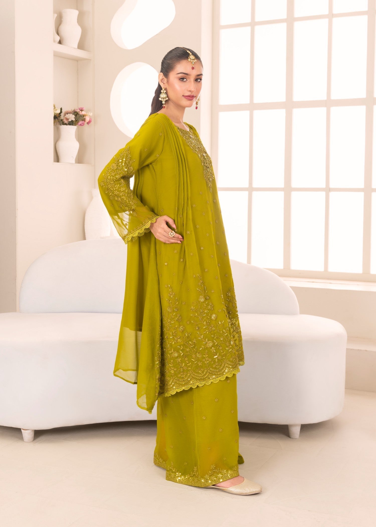 chiffon Pishwas in Yellow green