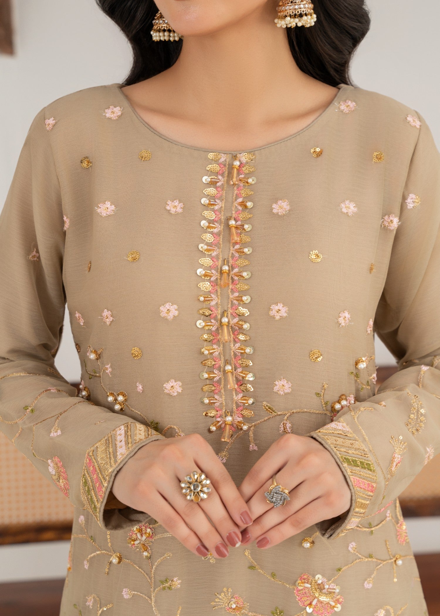 crinkle chiffon Kurta Set in Beige