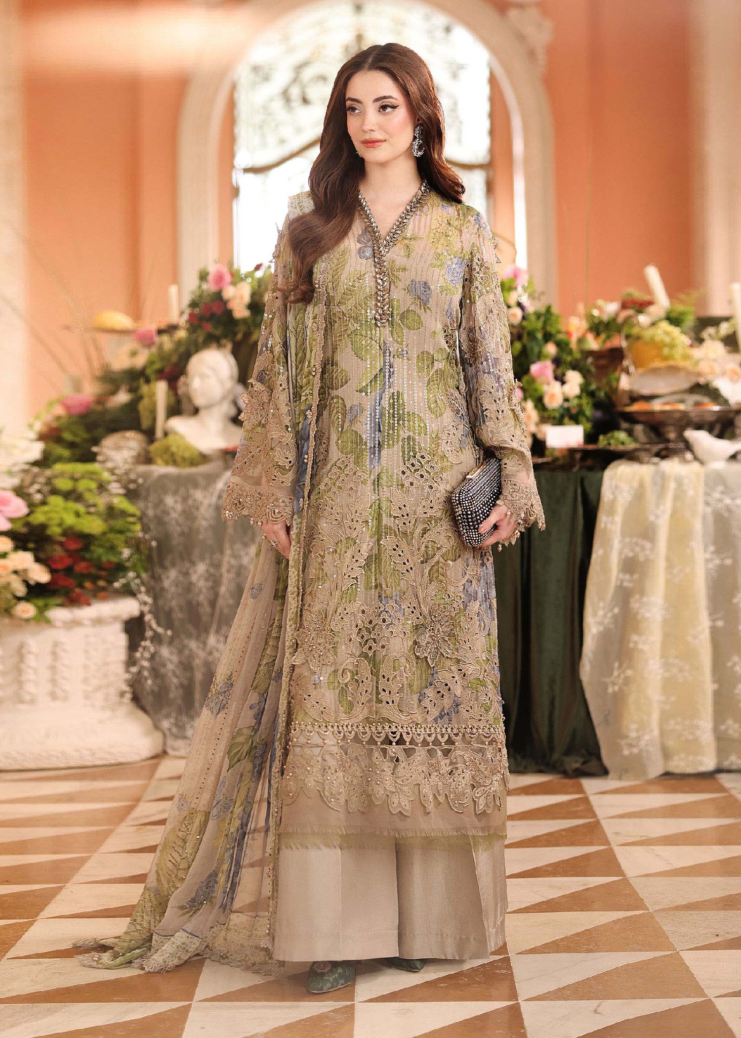 chiffon Unstitched in Beige, coffee brown