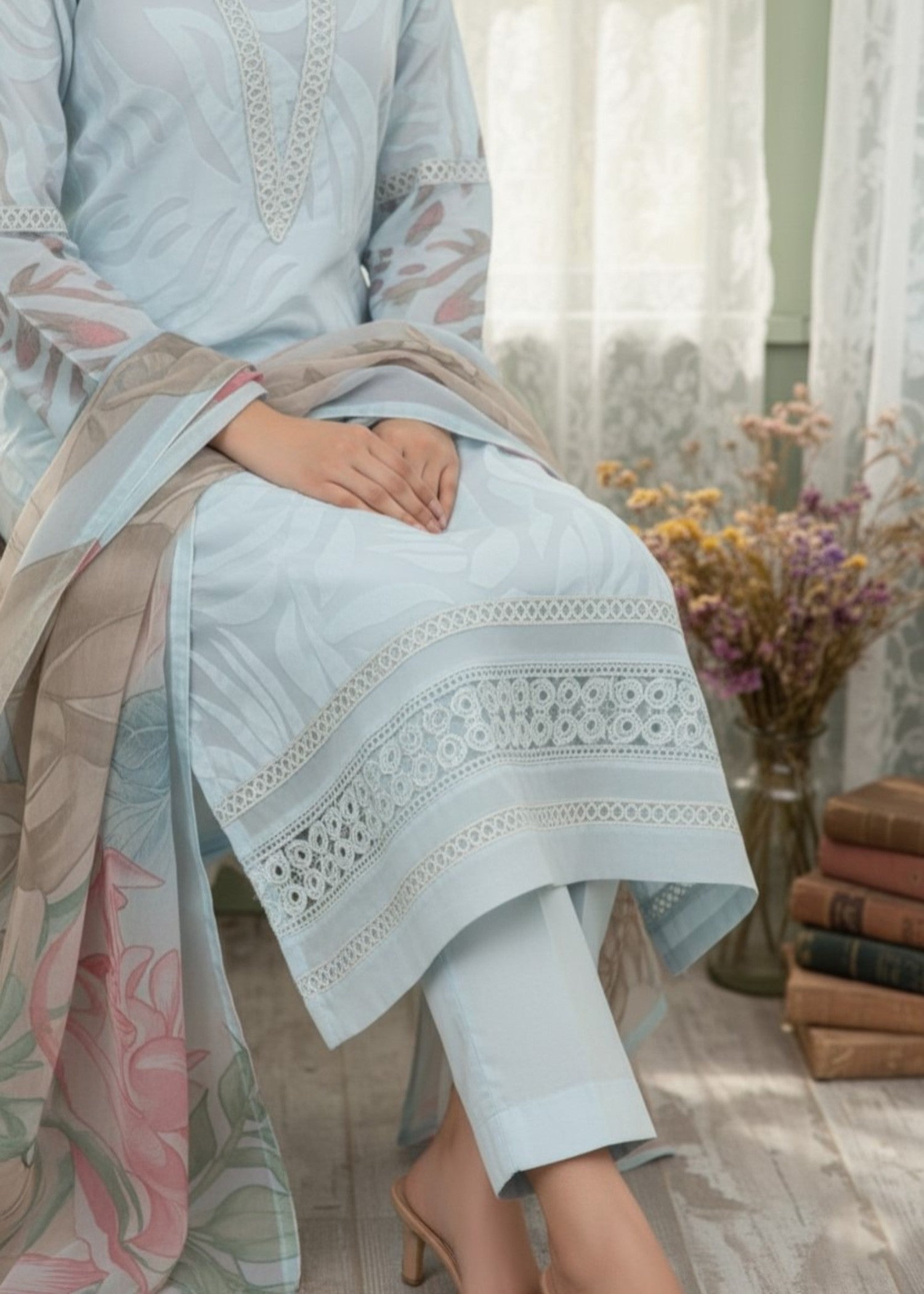 jacquard organza Kurta Set in Light blue