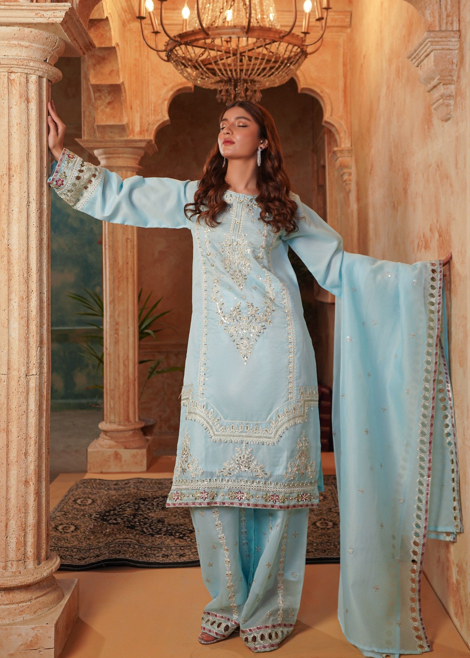 cotton net Kurta Set in Sky blue