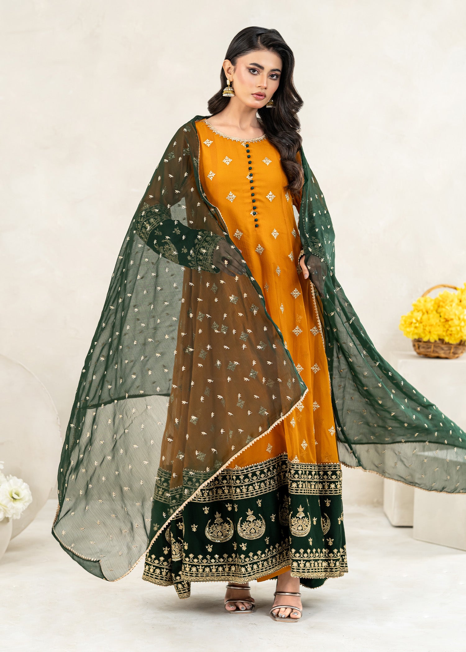 chiffon Anarkali in Mustard