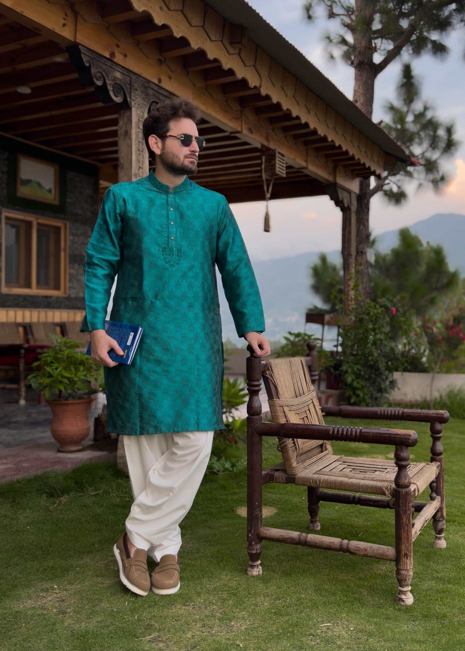 traditional jamawar Kurta in Sea green
