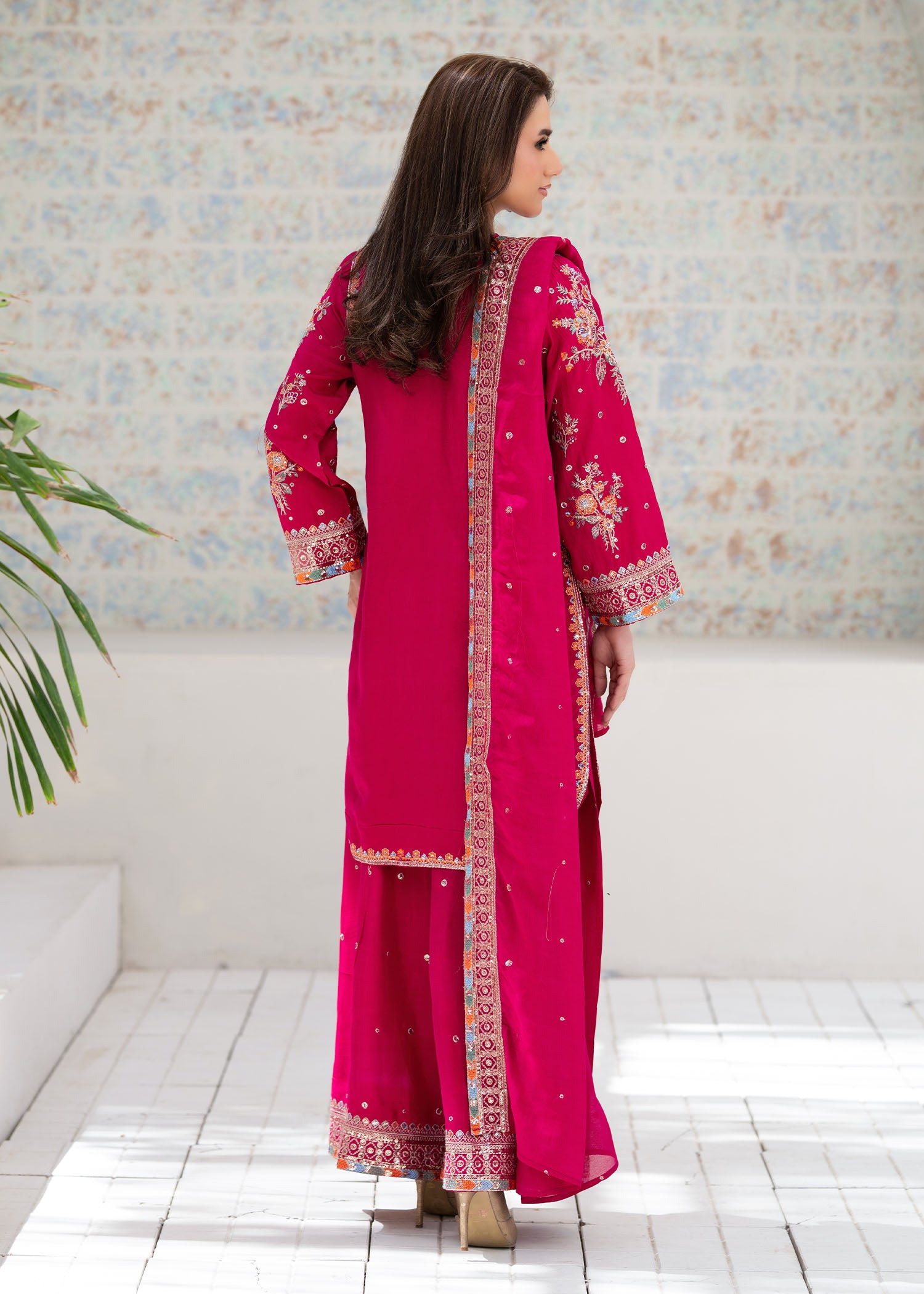 silk Kurta Set in Shocking pink