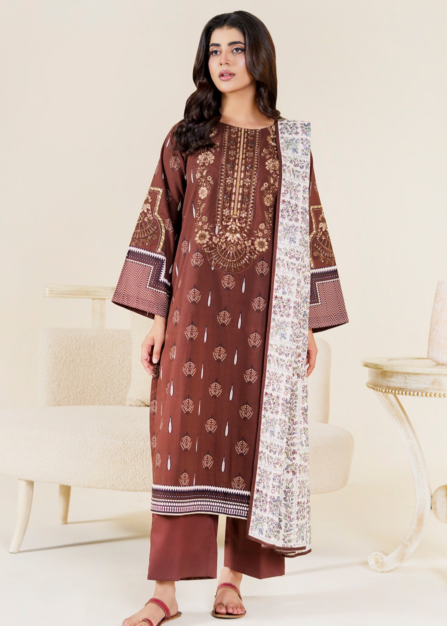lawn Kurta Set in Coffee brown
