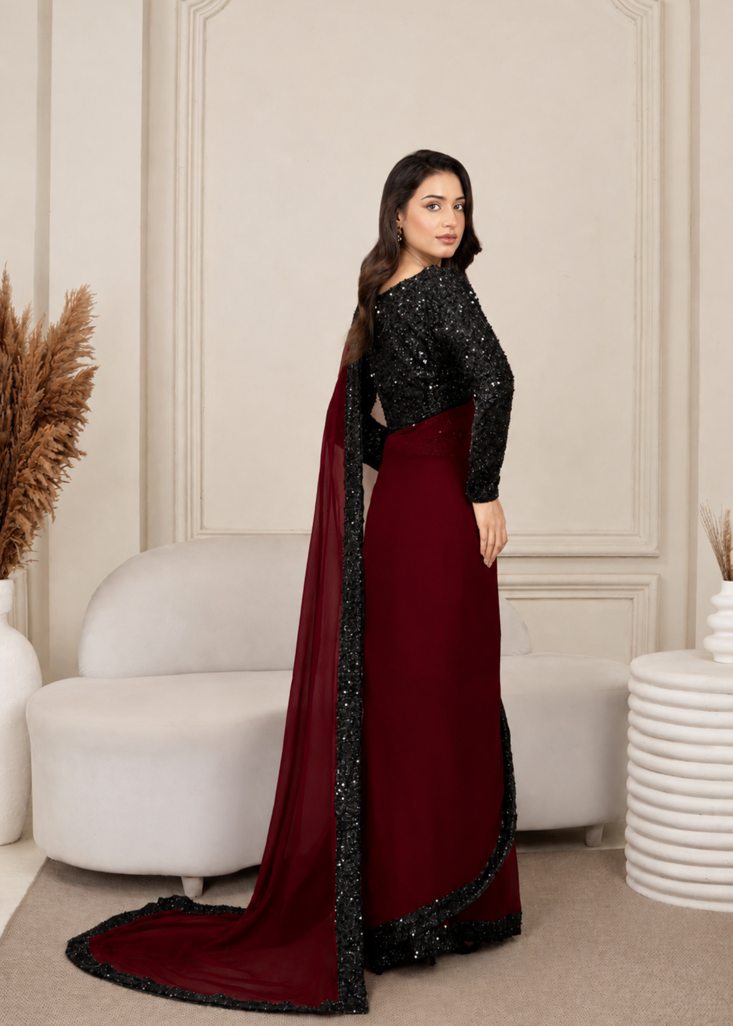 moonlight Saree in Maroon, black