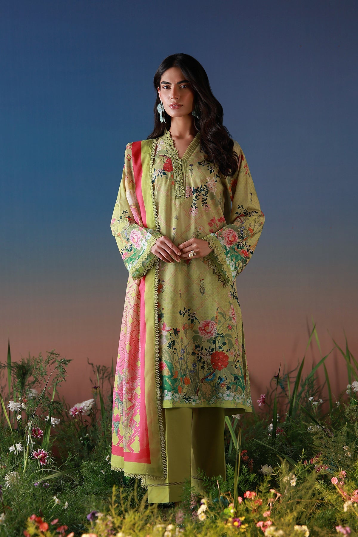 Mirha Lawn – Olive Petal
