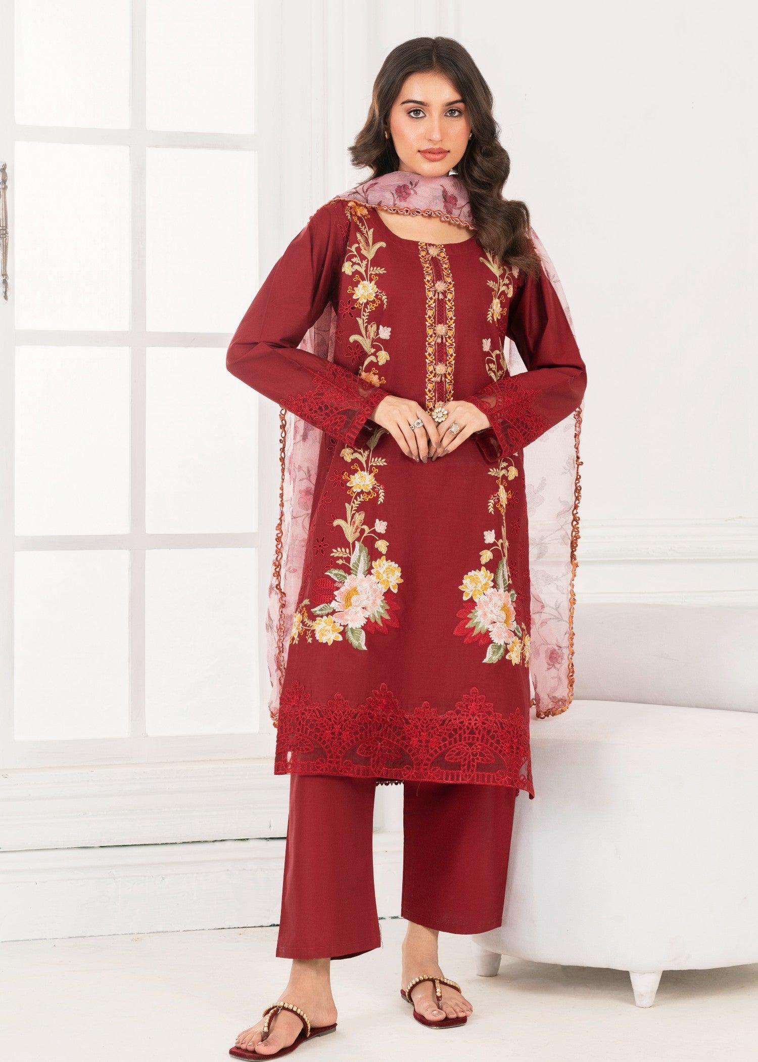 cambric Kurta Set in Crimson