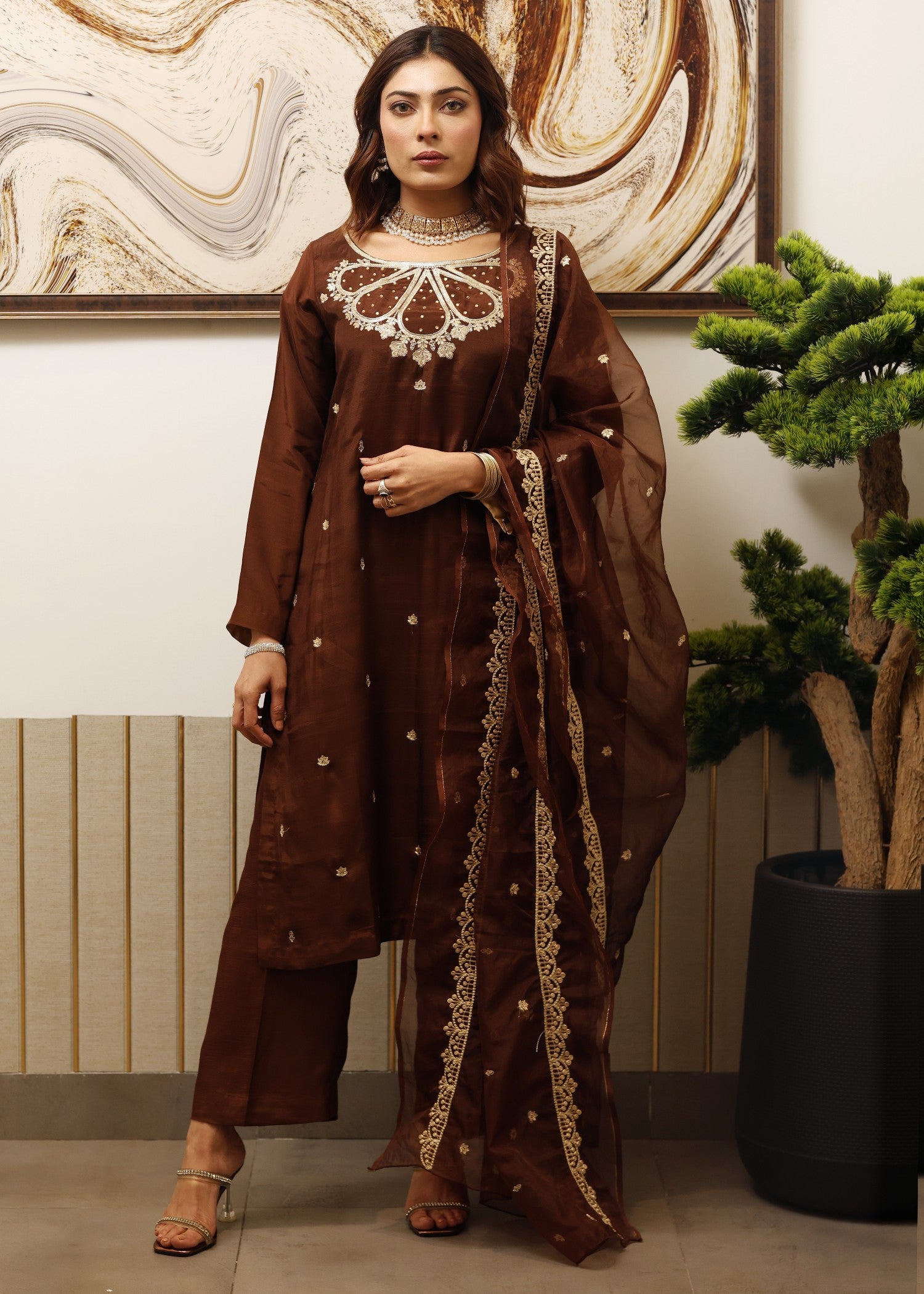 raw silk Kurta Set in Chocolate brown