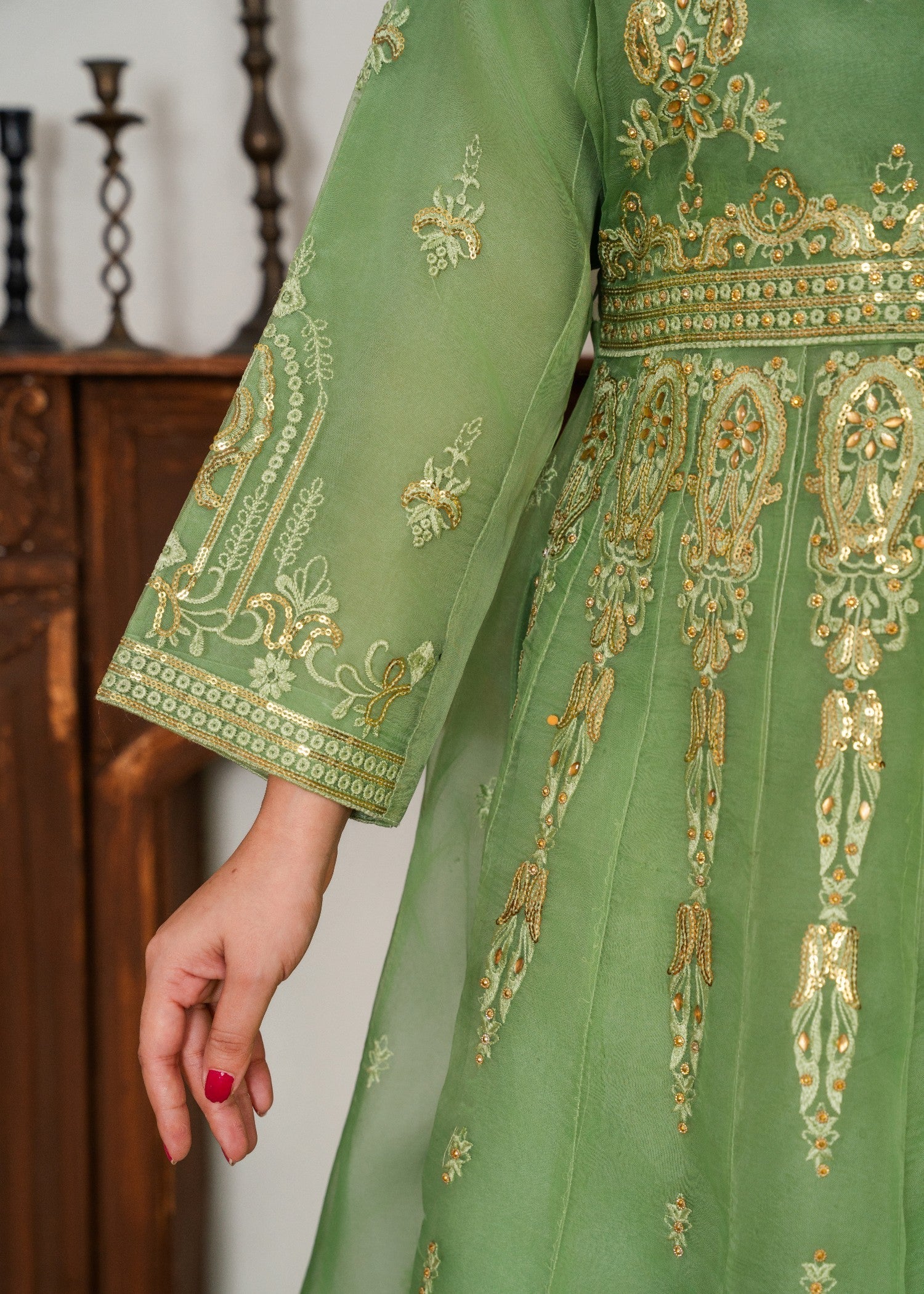organza Pishwas in Key lime