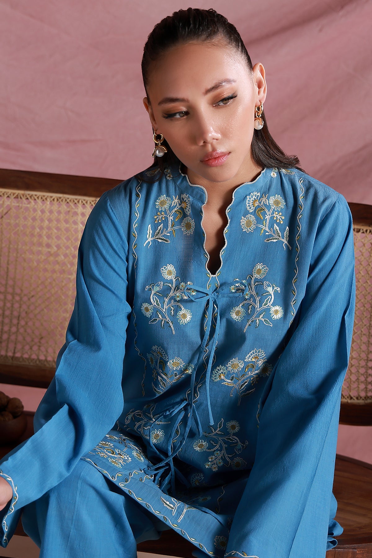 ribbed lawn Kurta Set in Ocean blue