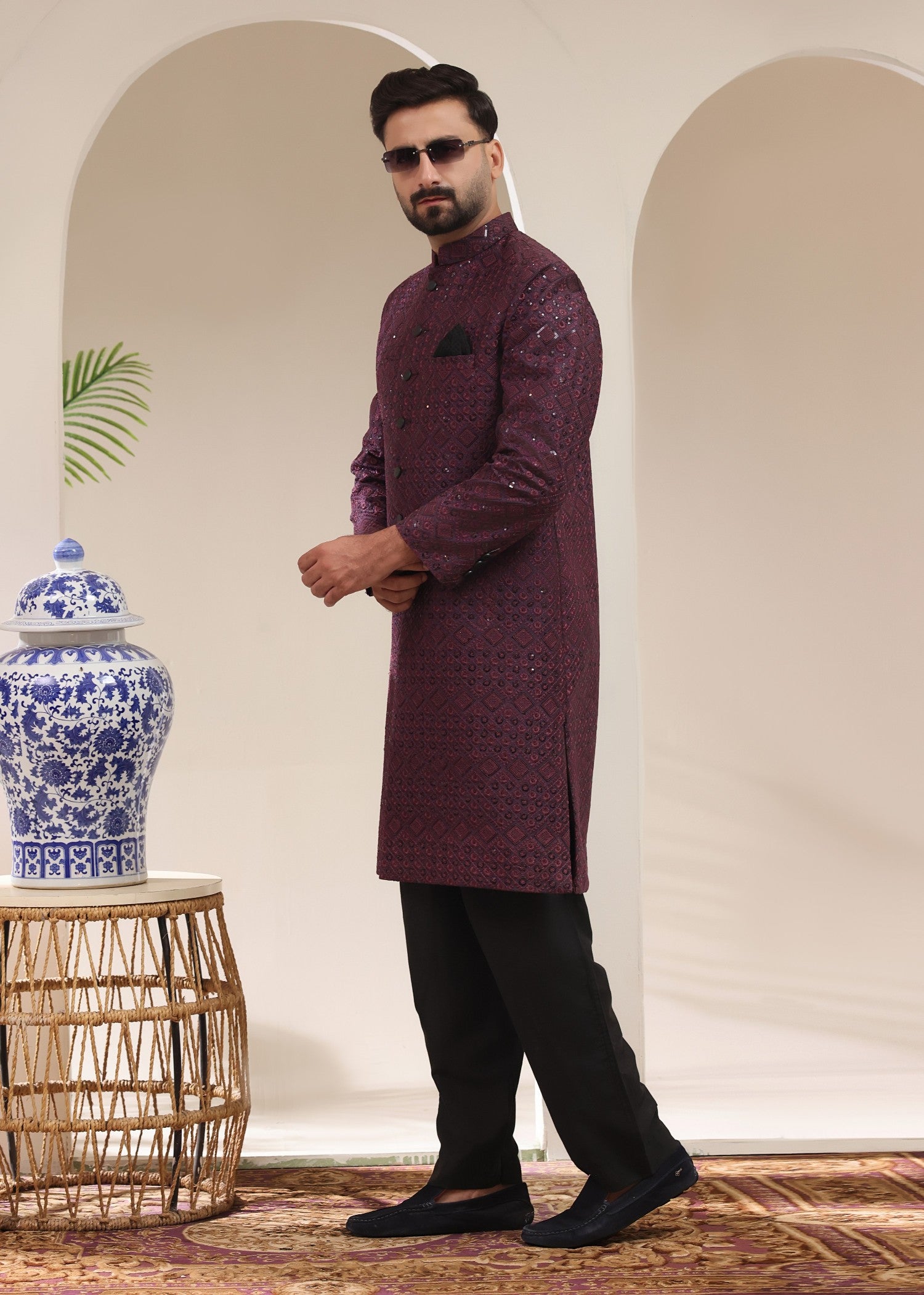 jamawar Sherwani in Purple heart