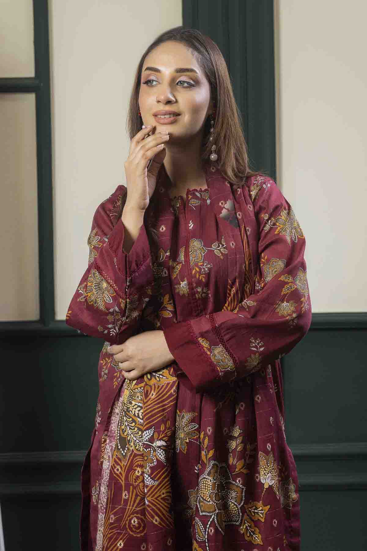 lawn voile Kurta Set in Tan brown