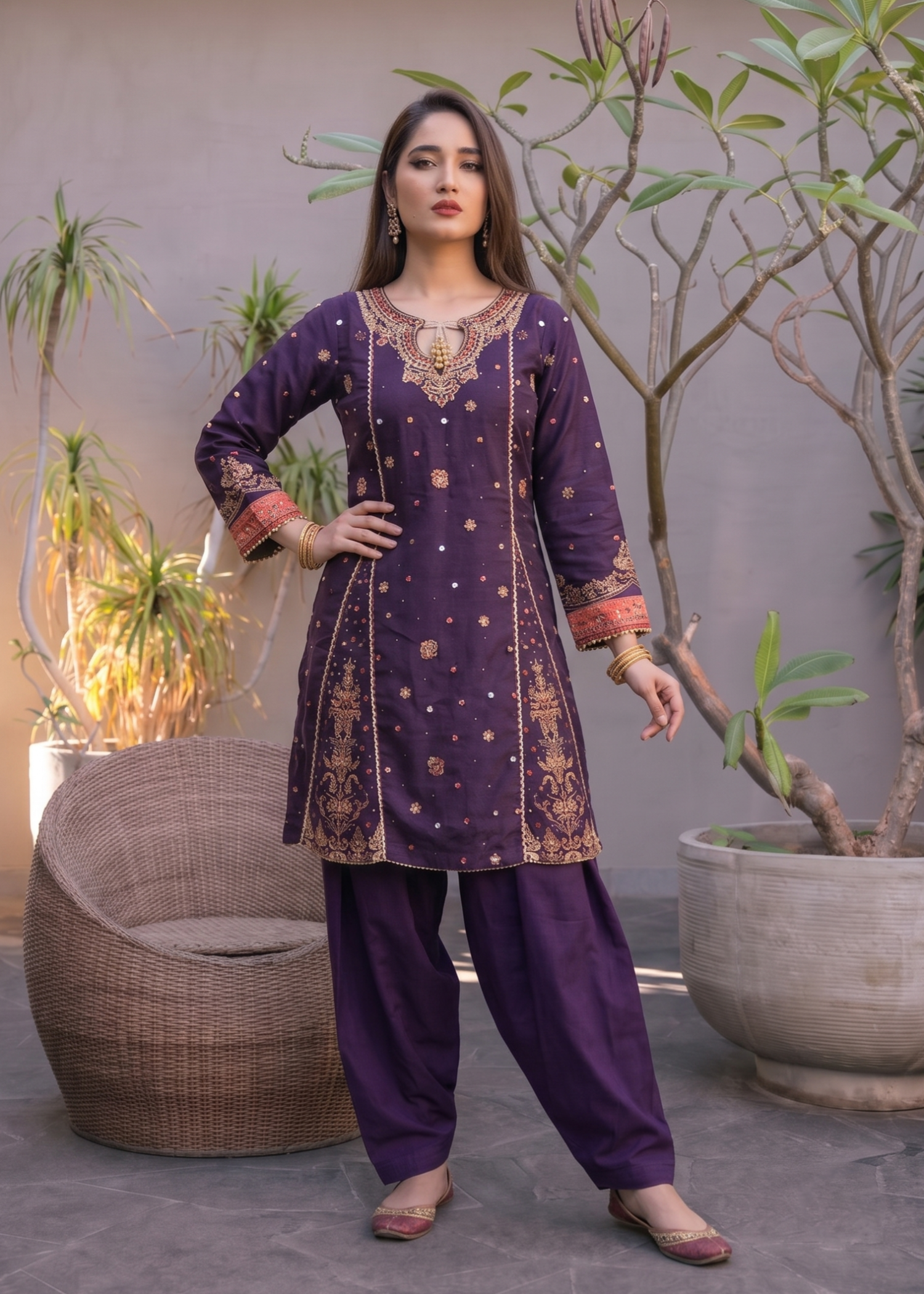 khaddi net Short Frock in Plum
