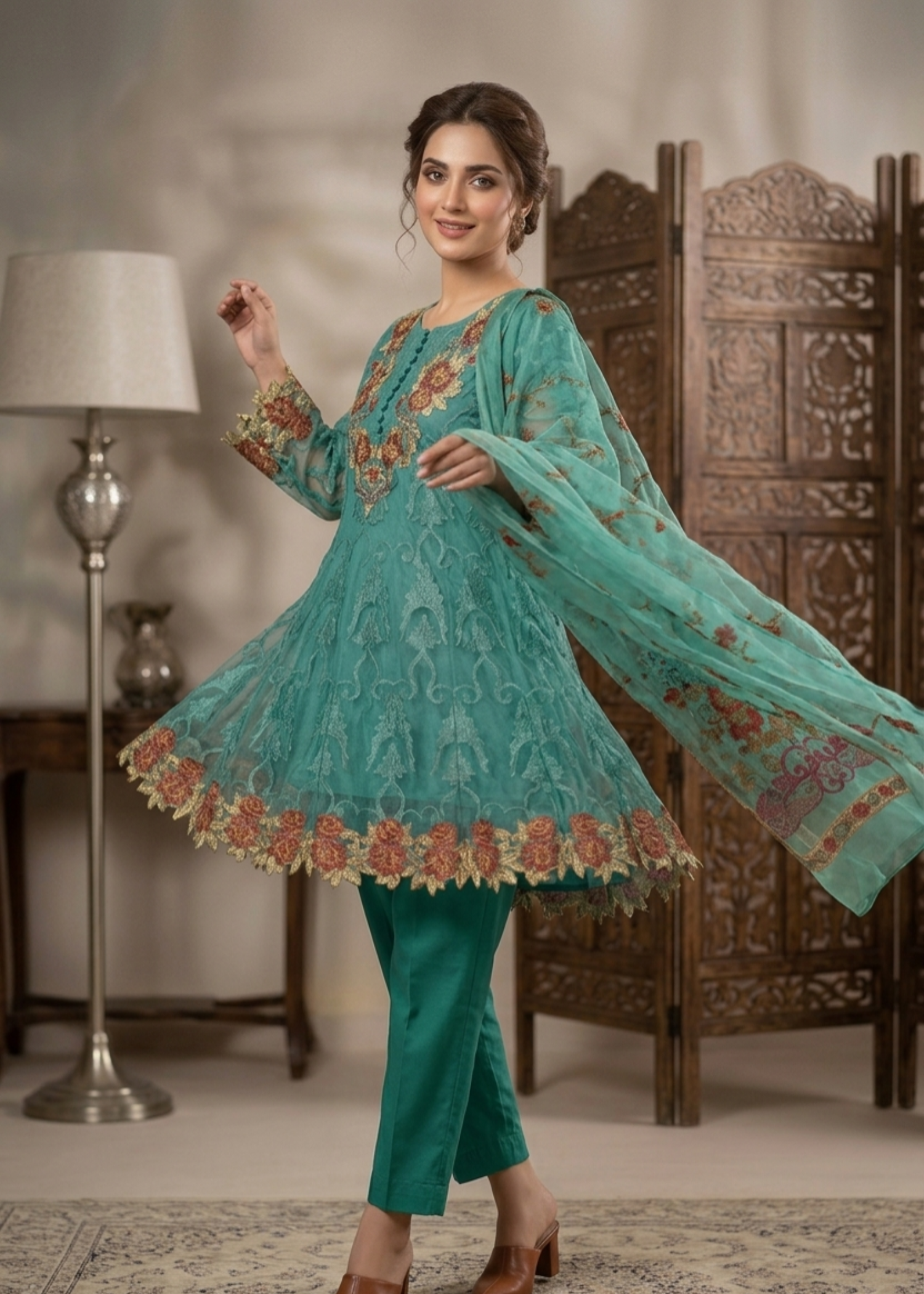 organza Short Frock in Sea green