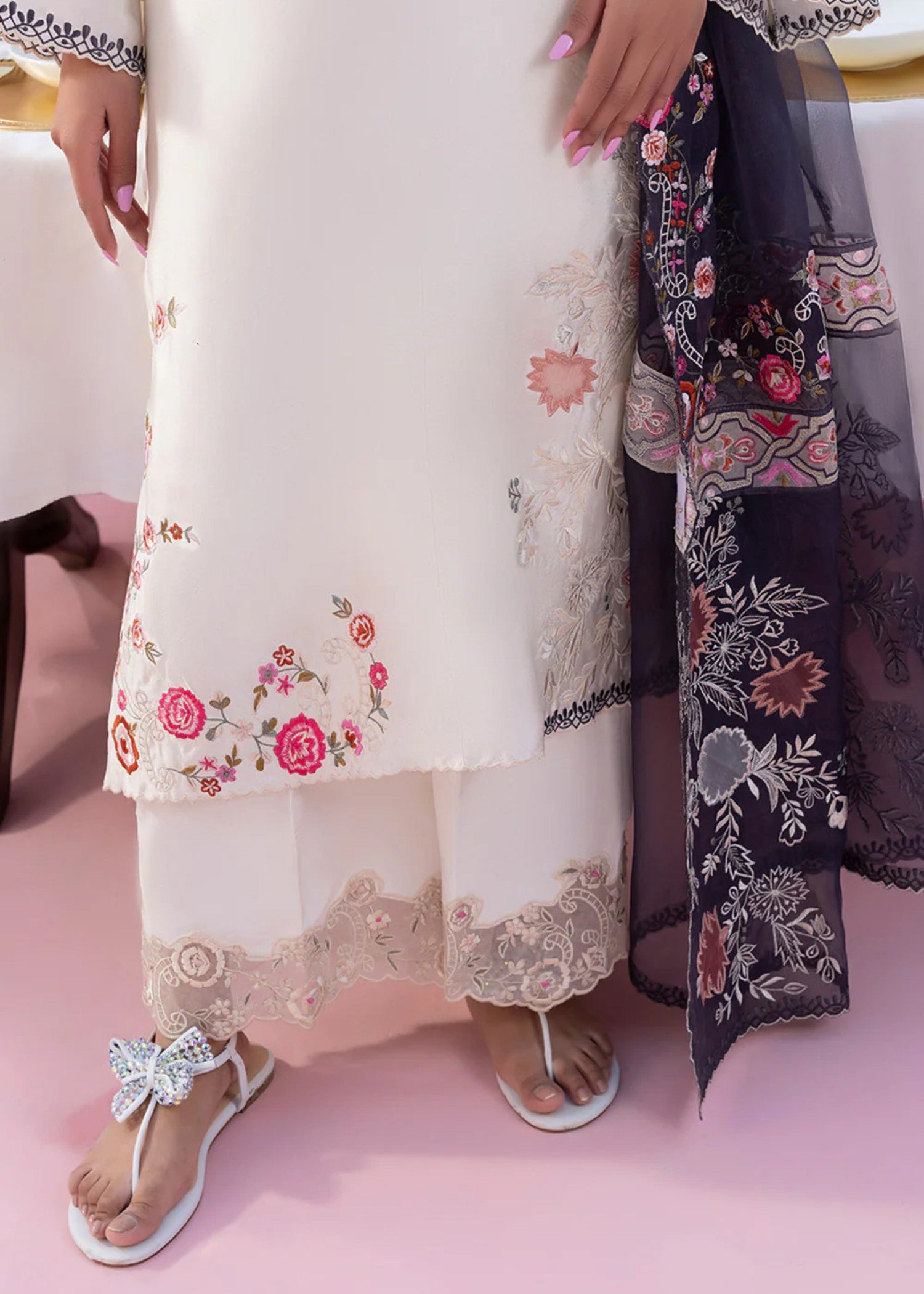cotton silk Kurta Set in Floral white