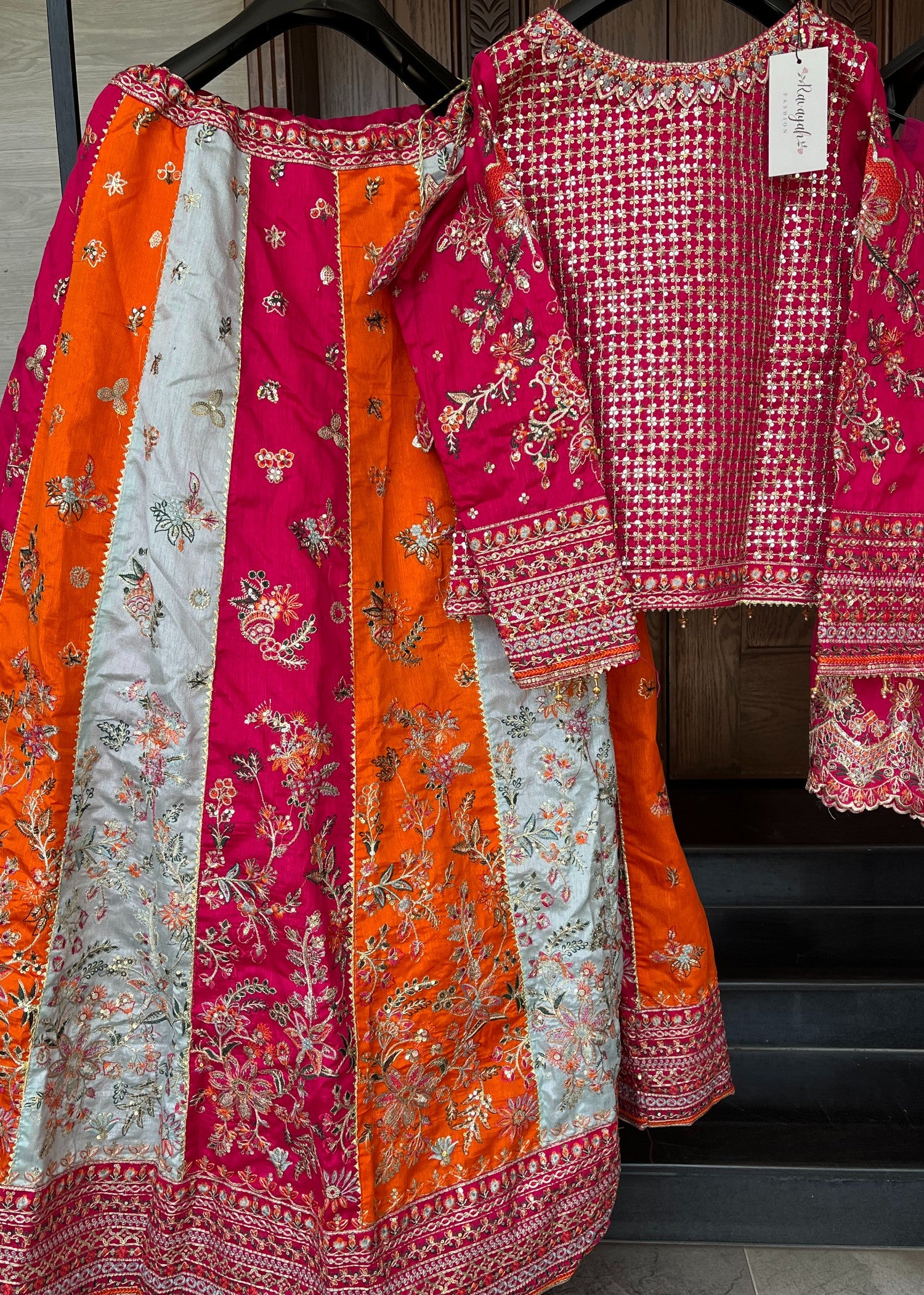 raw silk Lehenga in Shocking pink, multi