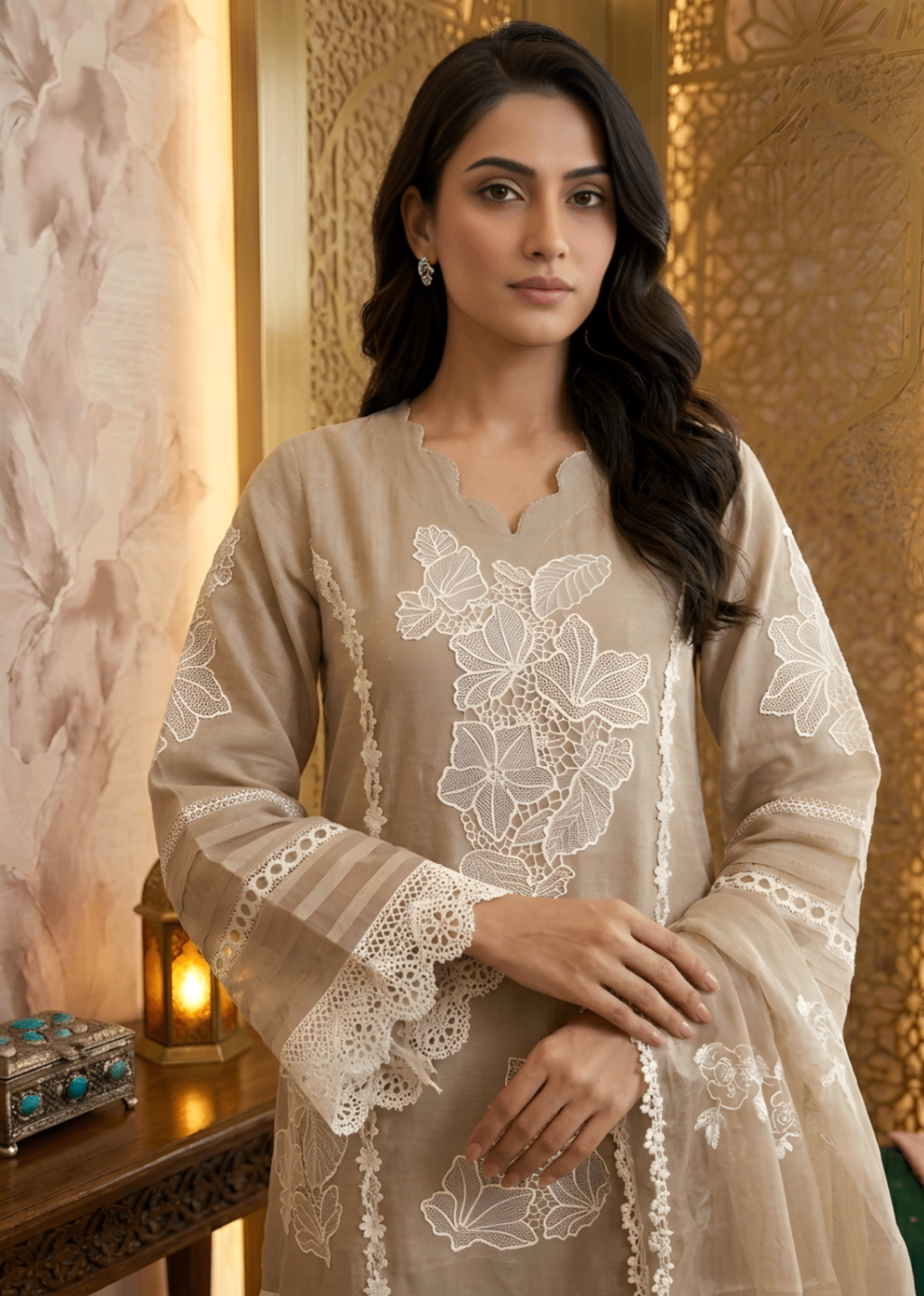 khaddi net Kurta Set in Camel brown