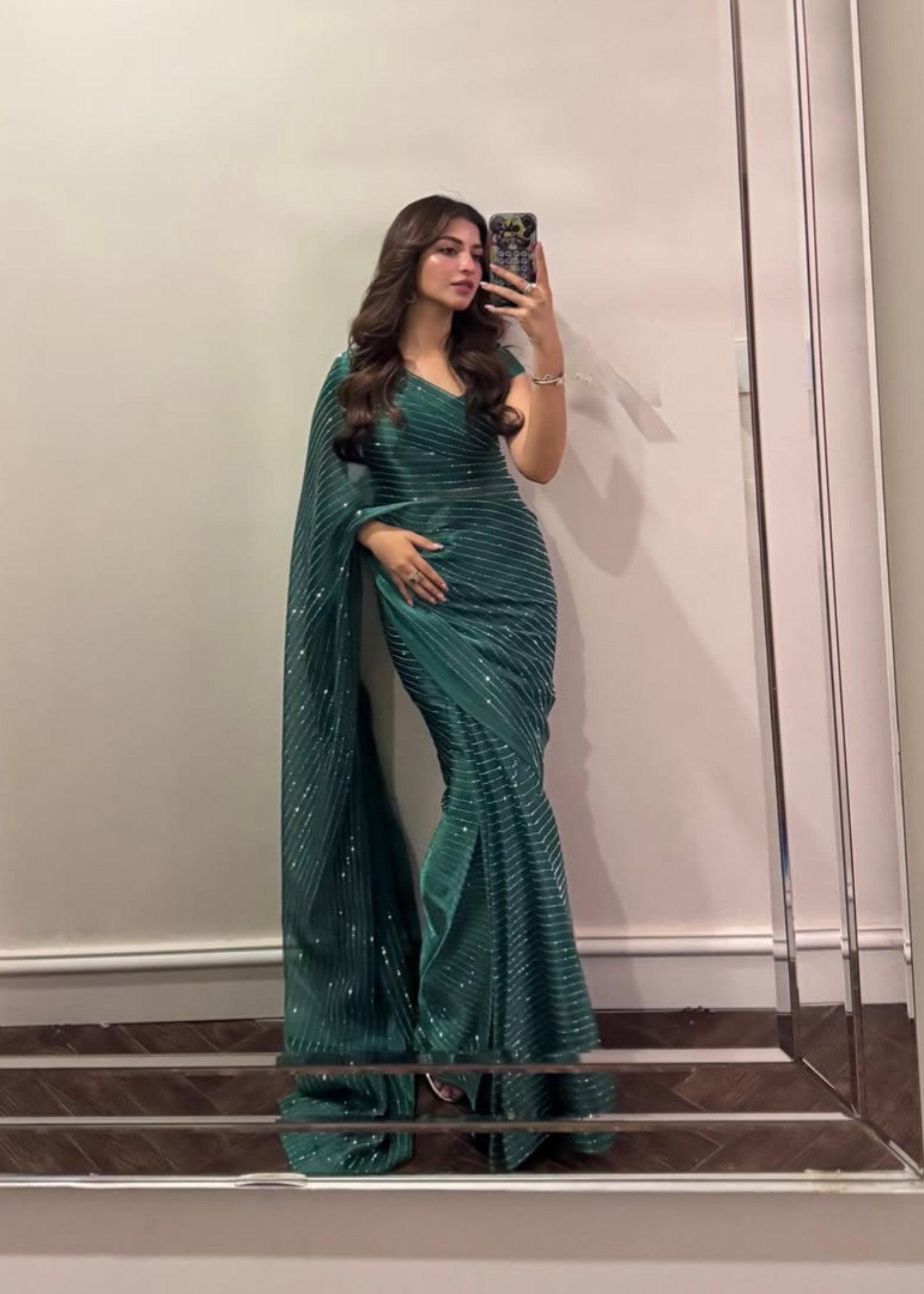 silk Saree in Bottle green