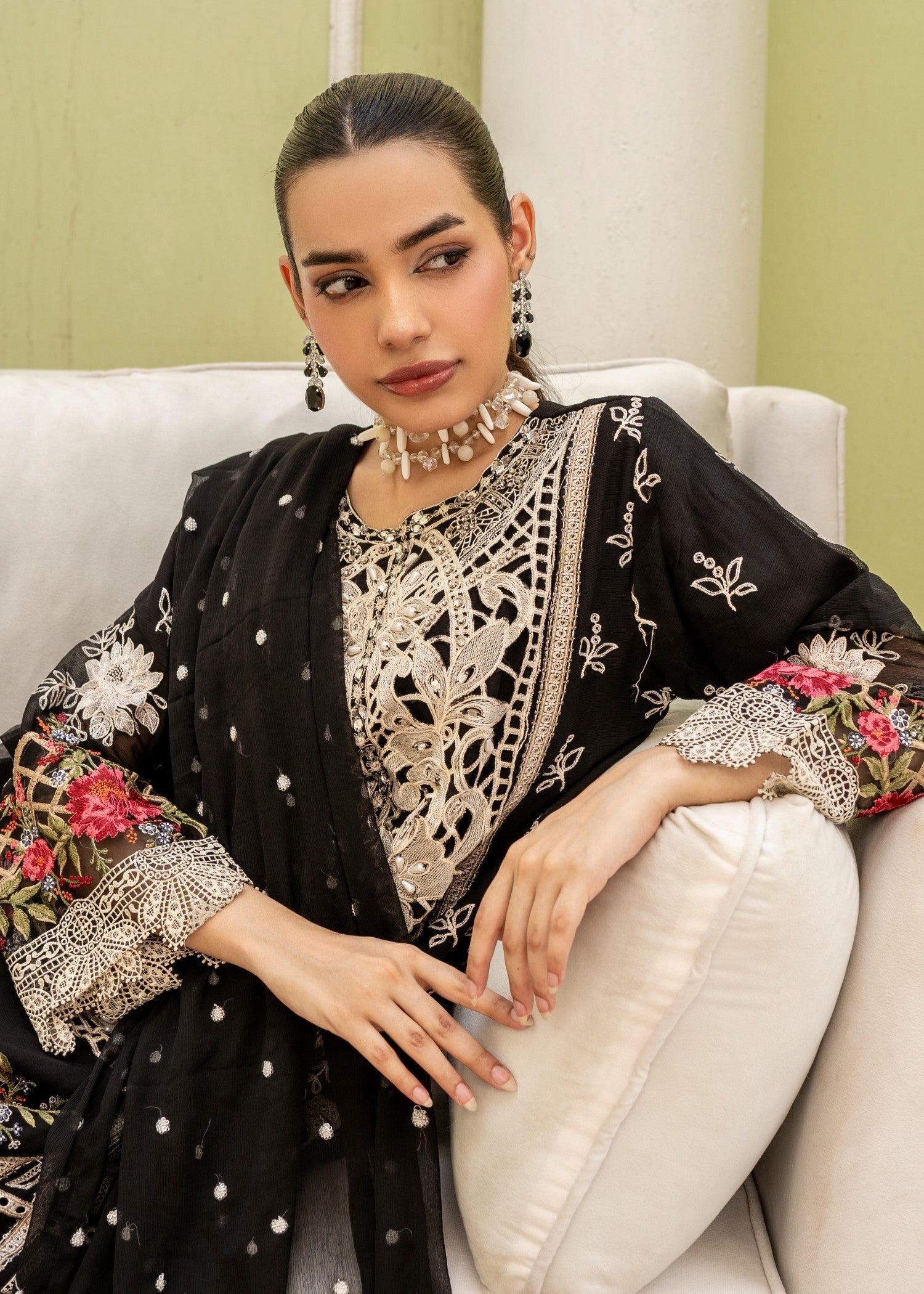crinkle chiffon Kurta Set in Black