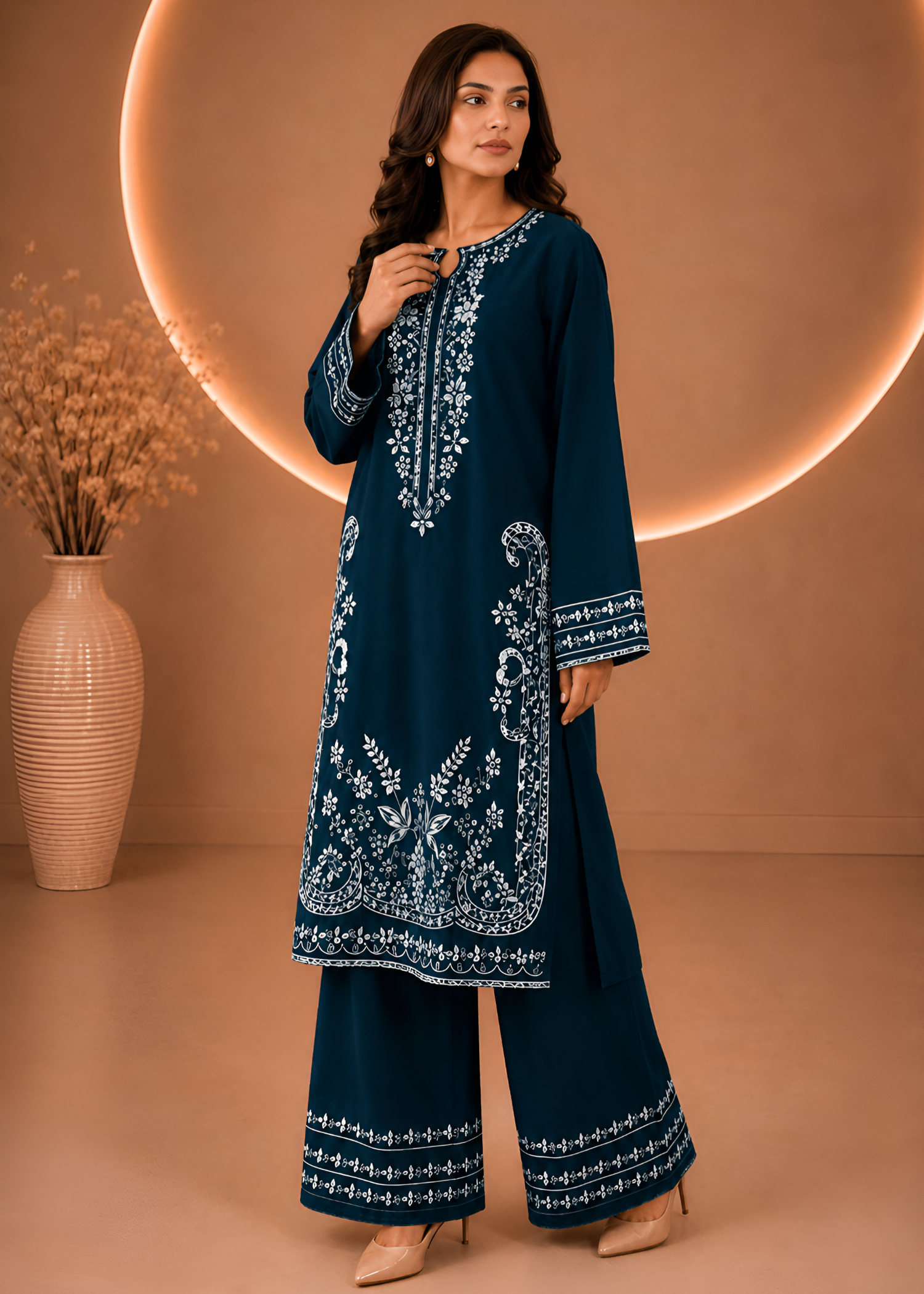 linen Kurta Set in Twilight blue