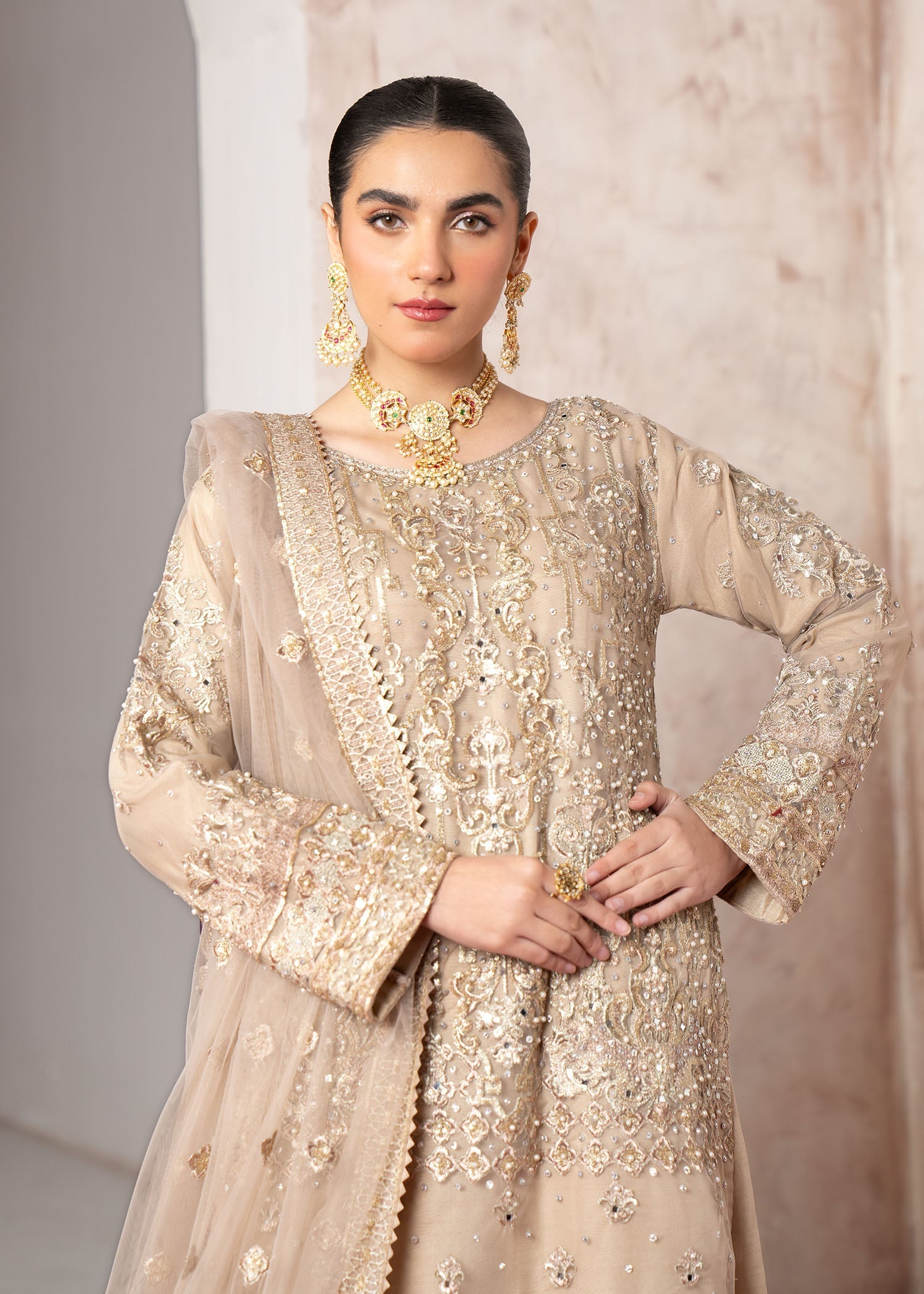 polyester net Kurta Set in Beige