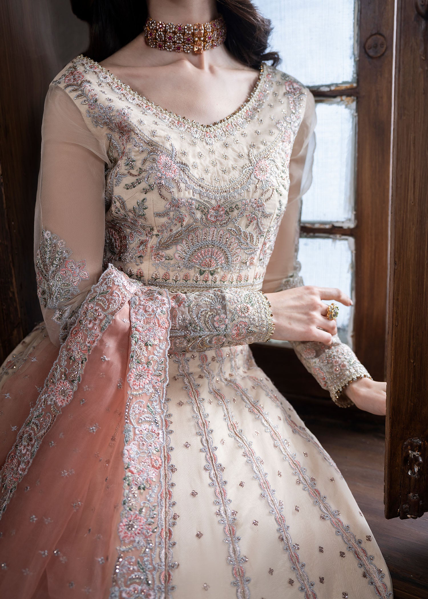 organza Lehenga in Beige