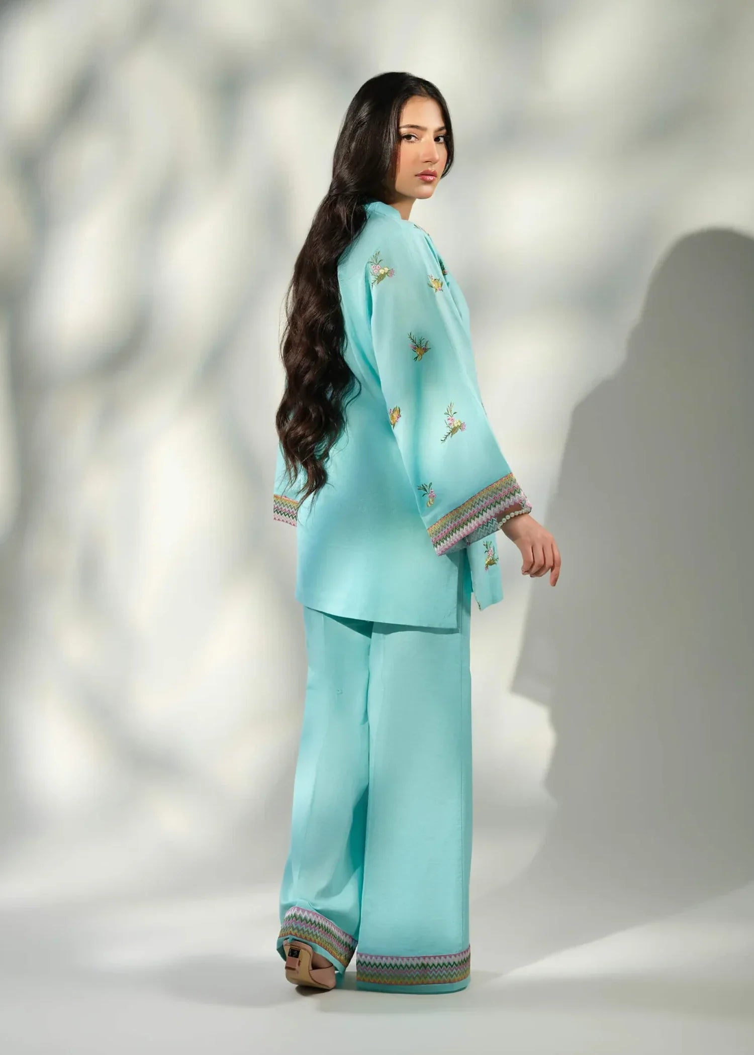 ribbed lawn Kurta Set in Aquamarine