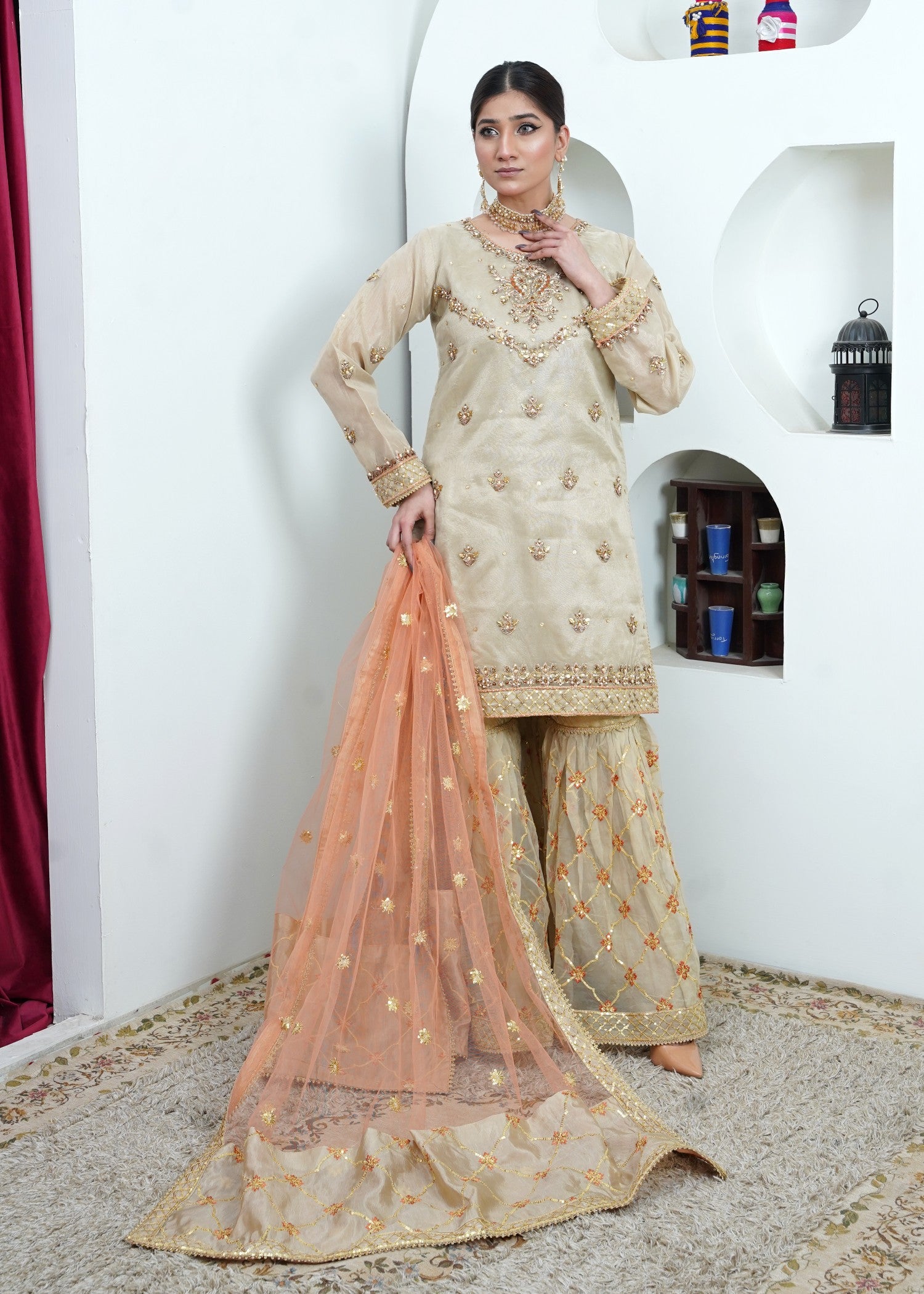 organza Gharara in Beige