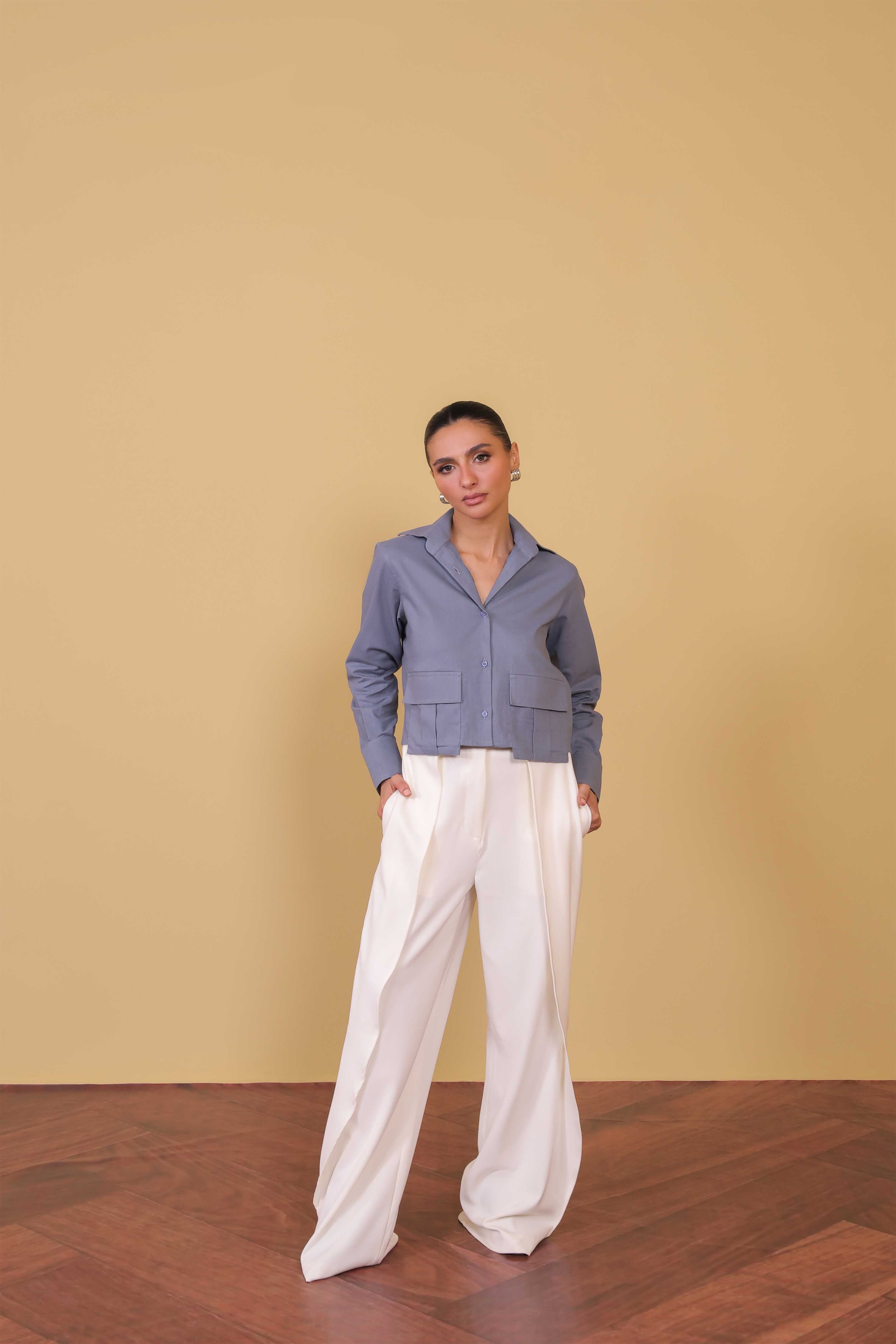 satin polyester Top in Steel blue