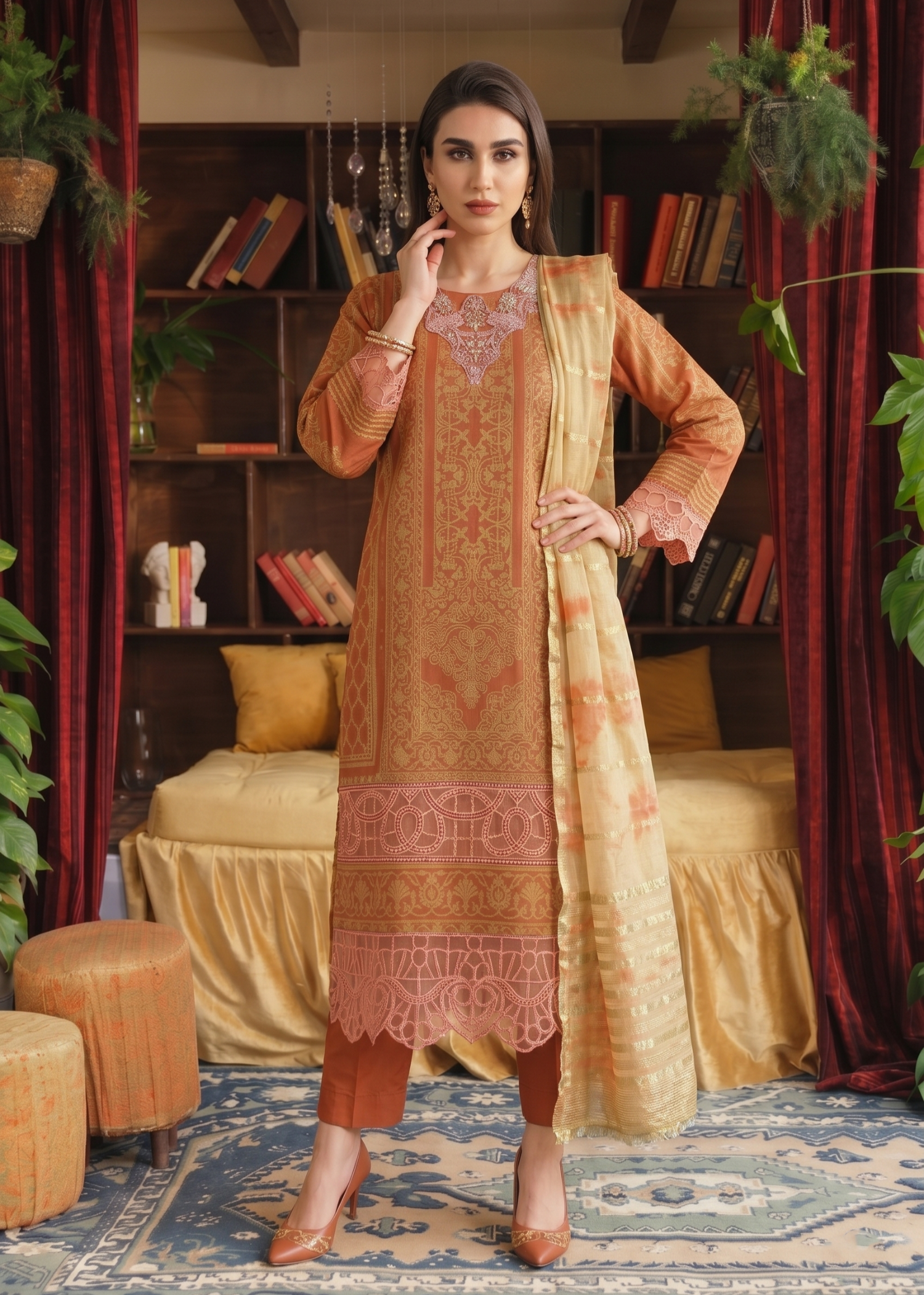 jacquard Kurta Set in Yellow-orange
