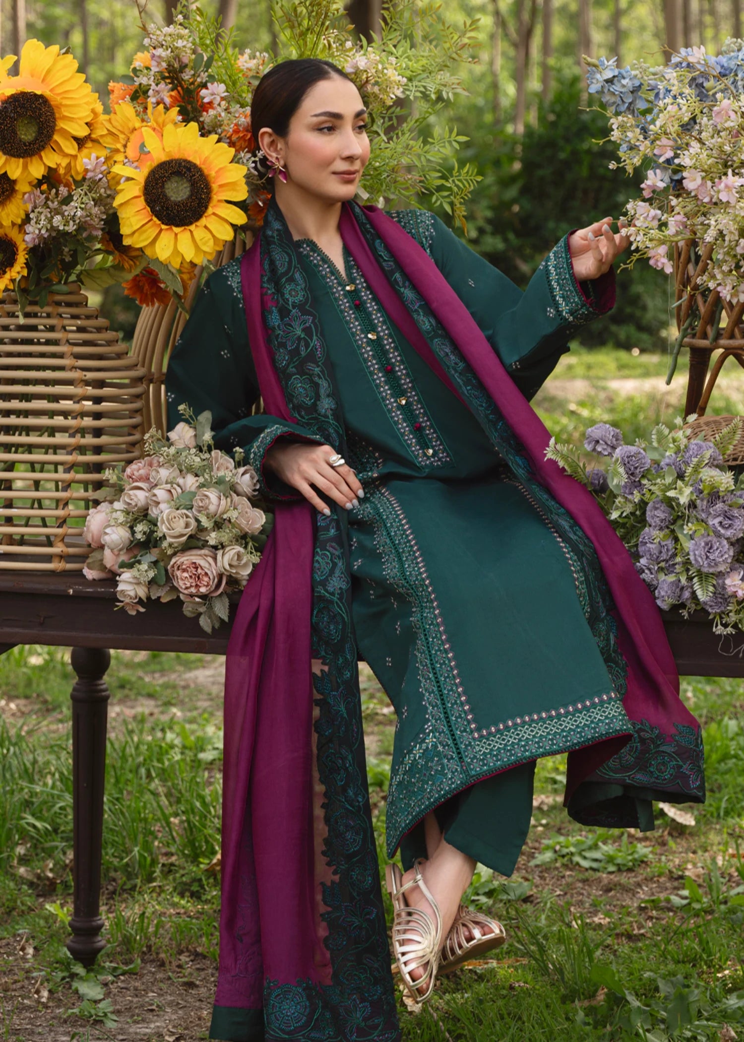 cambric Kurta Set in Forest green