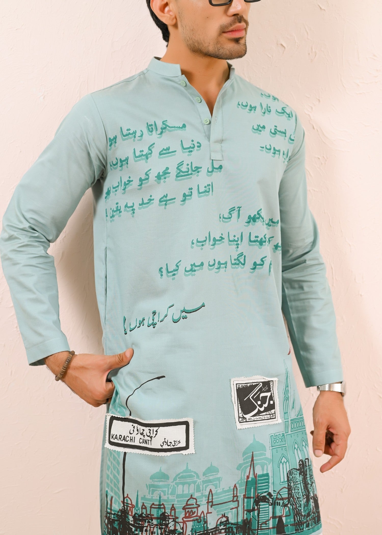 blended satin Kurta in Green
