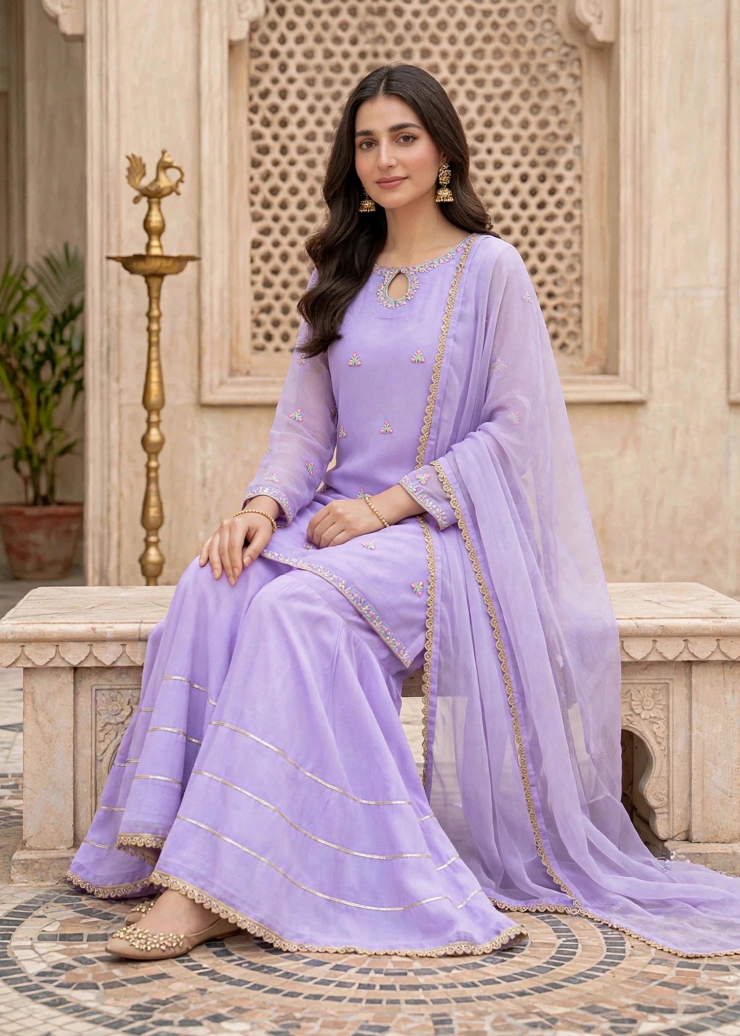 chiffon Gharara in Bright lavender