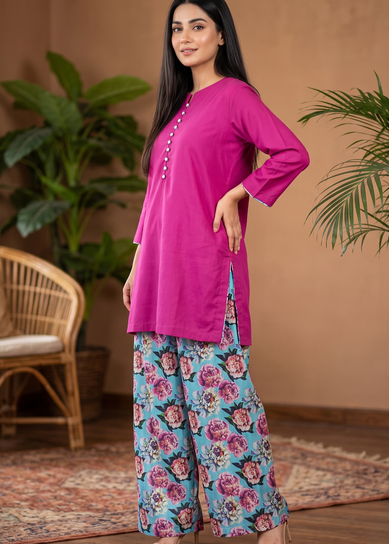 lawn cotton Kurta Set in Magenta haze