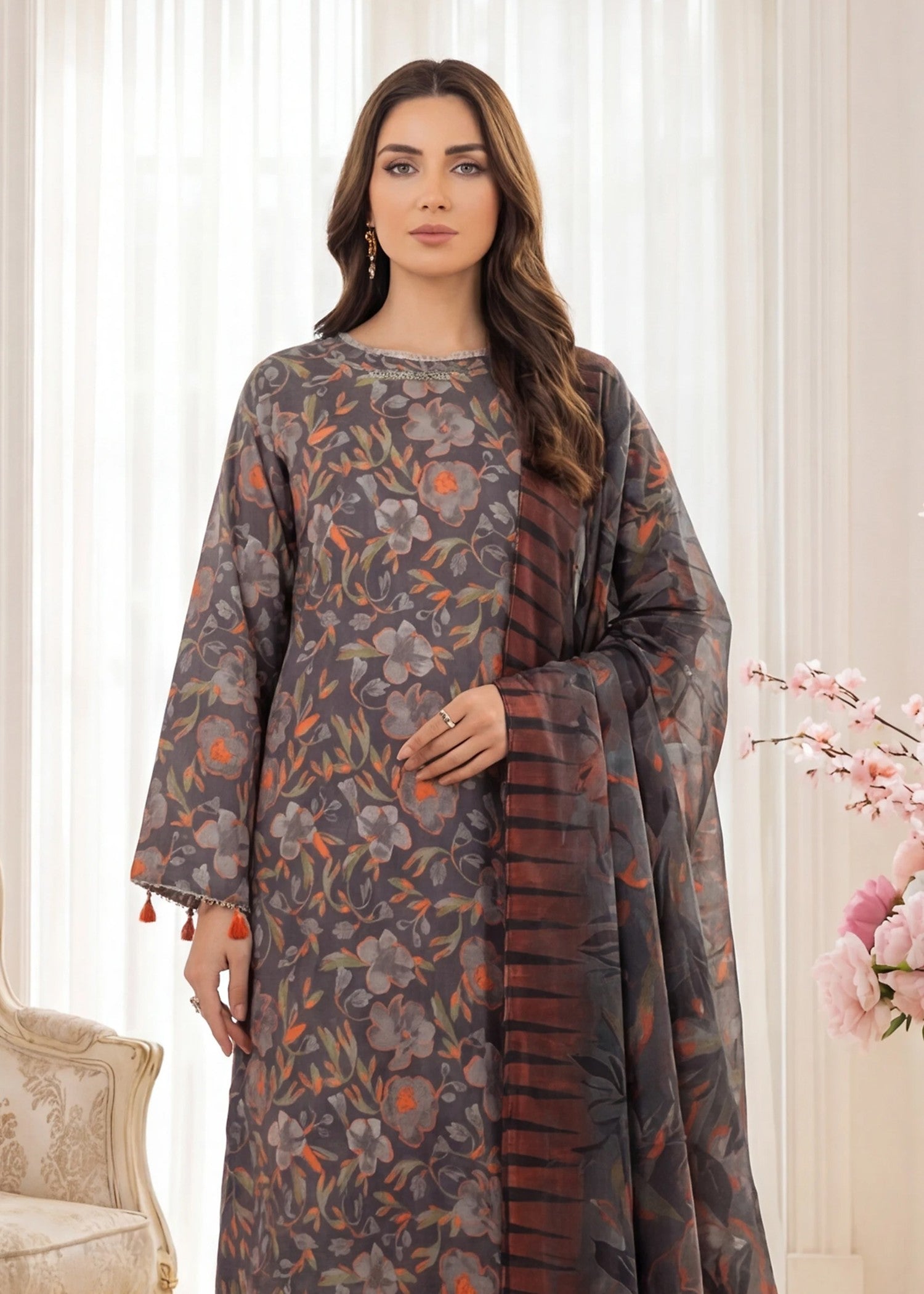 poly lawn Kurta Set in Charcoal